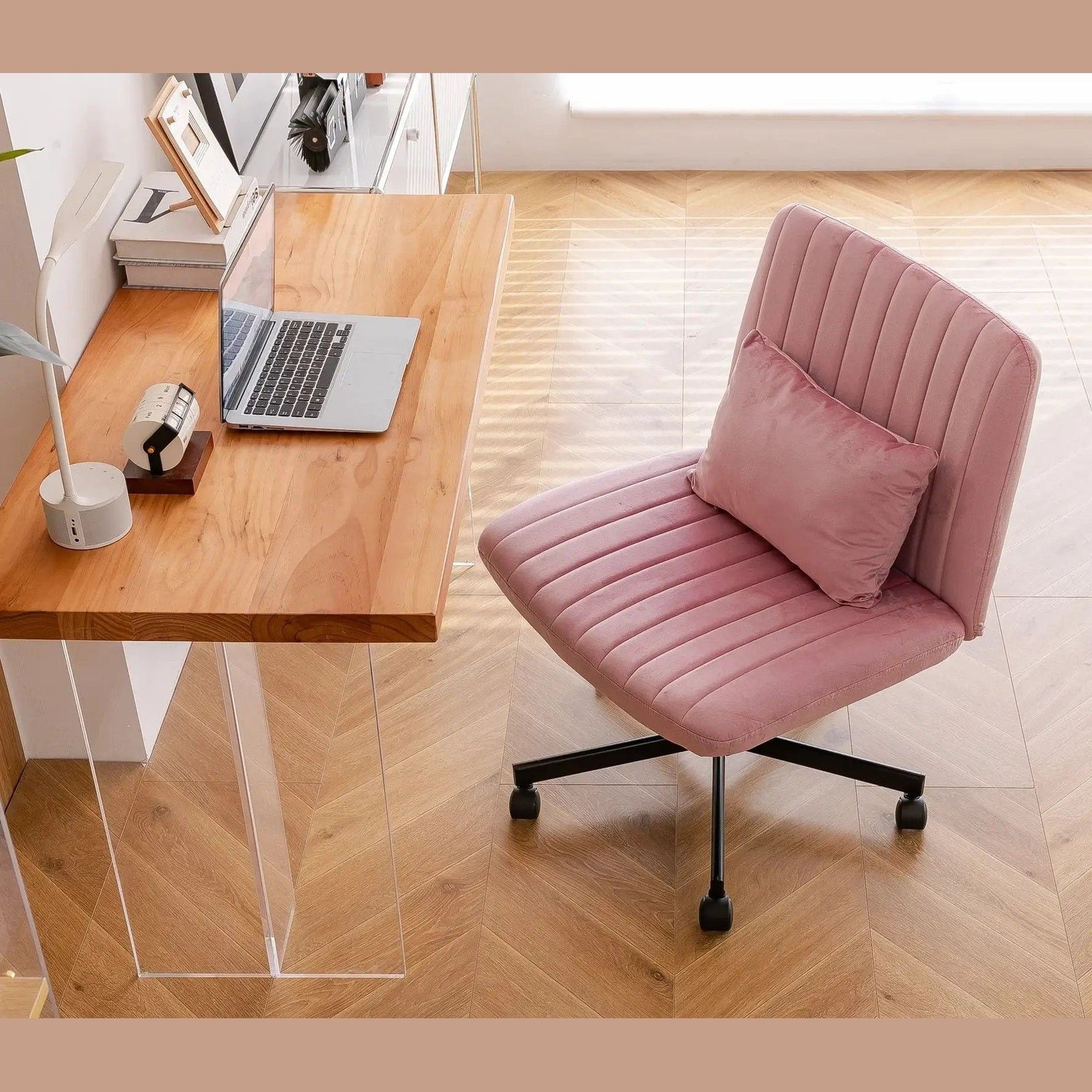 Light Pink Velvet Criss Cross Armless Office Chair With Wheels Makeup by Platinum-Level Office Chairs