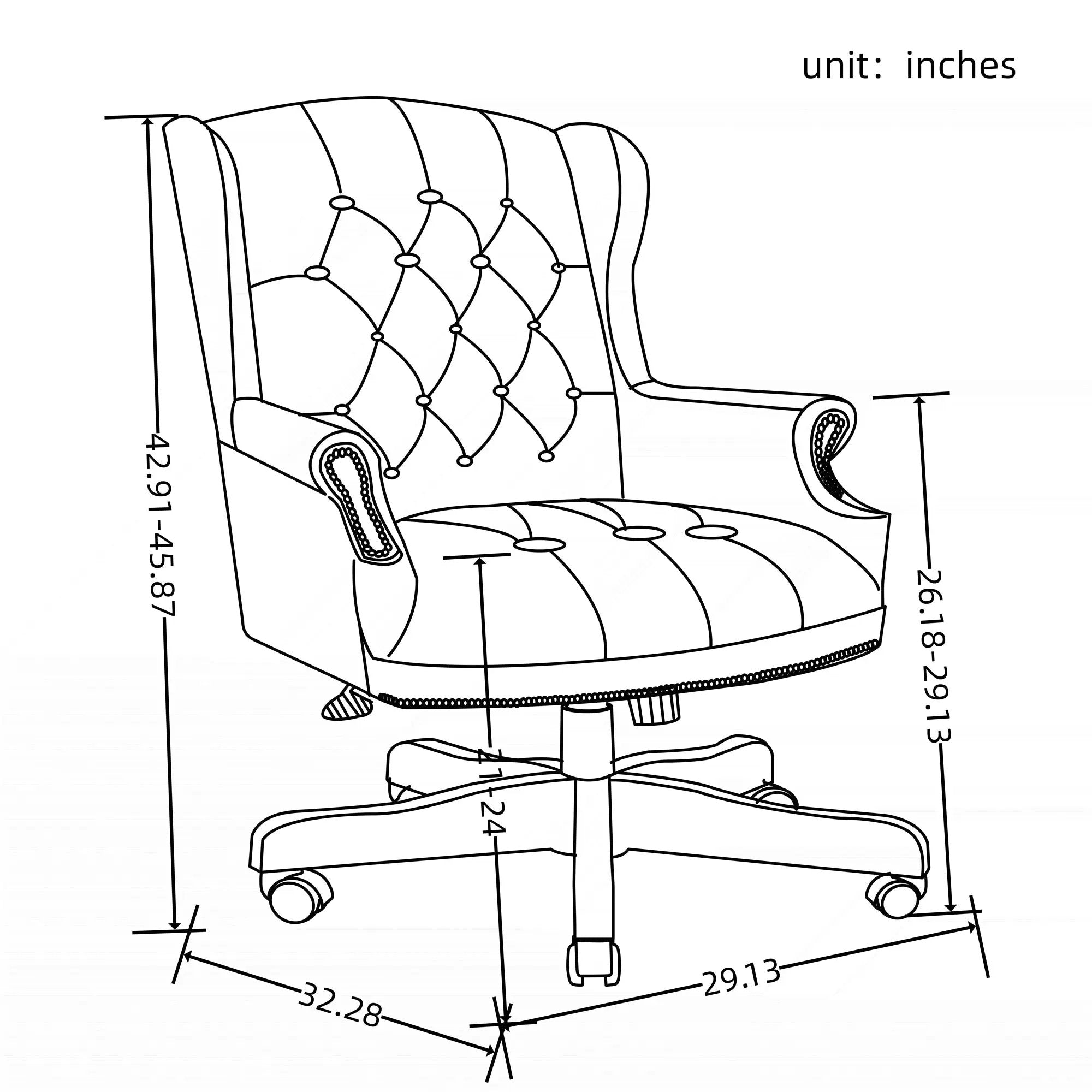 Executive Office Chair in black PU leather with diamond tufting and caster wheels, line drawing