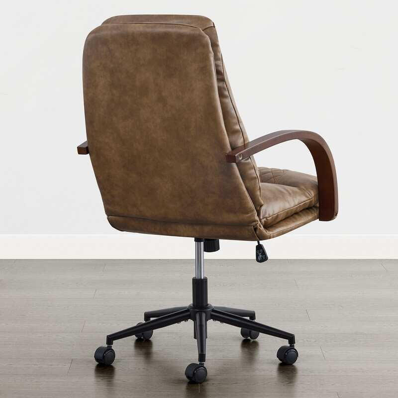 Upholstered Swivel Office Chair with Wood Arms