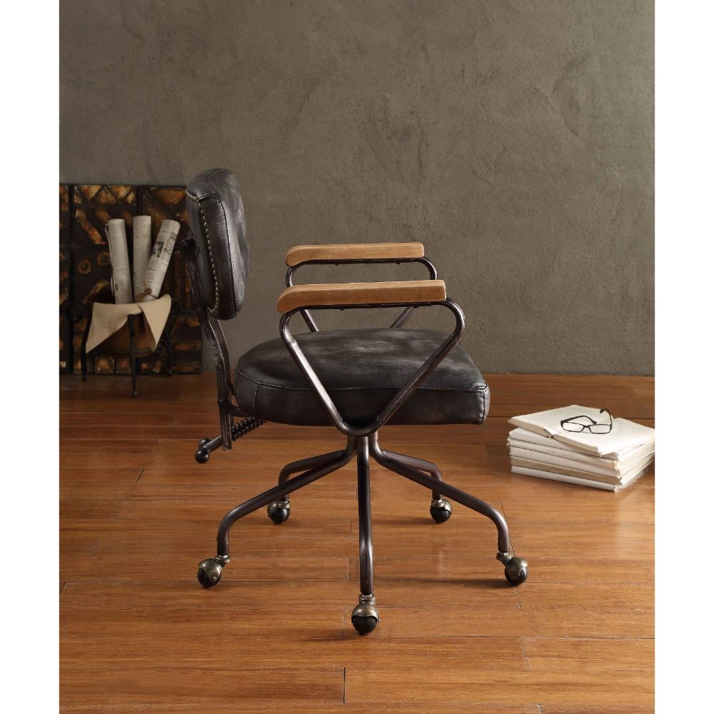 Black top grain leather swivel office chair with nailhead trim - side view