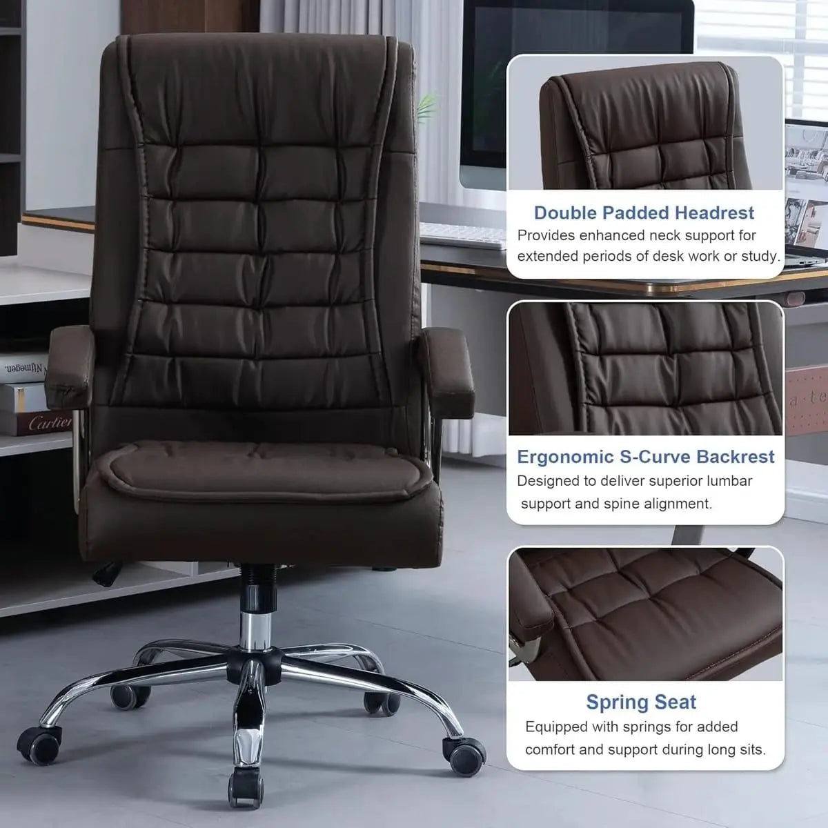 Executive Office Chair Adjustable Leather Chair High Back Swivel Office Desk Chair with Padded Armrest 350Lbs Load-Bearing Spring Seat Computer Desk Chair for Home Office, Brown
