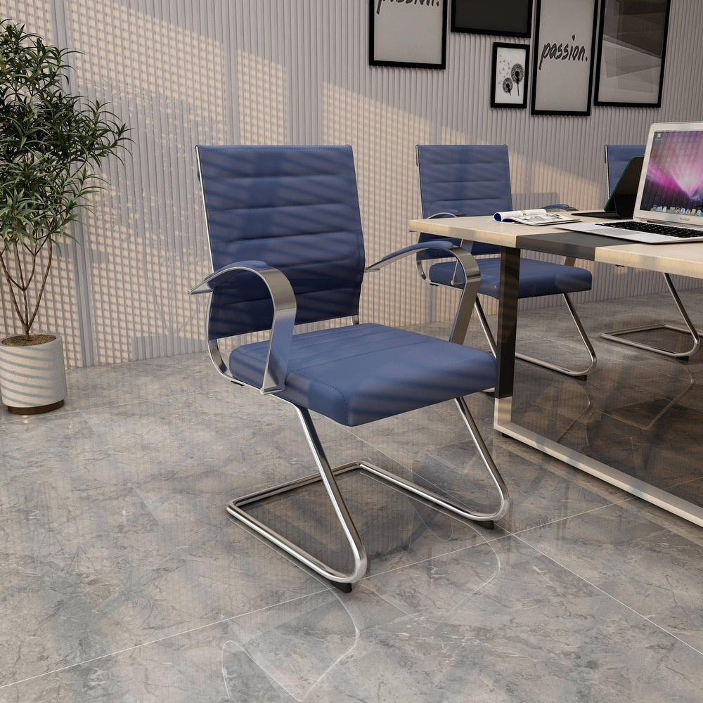 24 PCS Benmar Leather Upholstered Computer Office Chair with Sled Base, Padded Armrests for Home or Office - Navy Blue