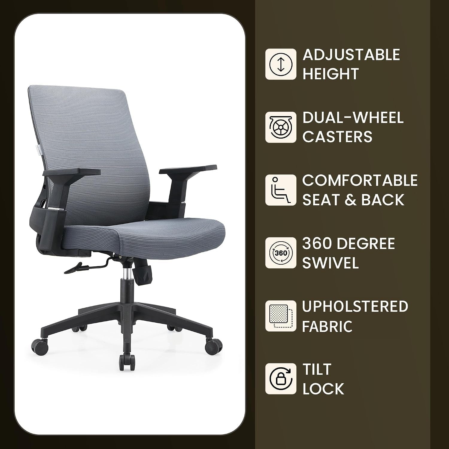 Leisuremod Ergonomic Office Chair, 360 Degree Swivel & Tilt with Rolling Wheels, Adjustable Height, Grey
