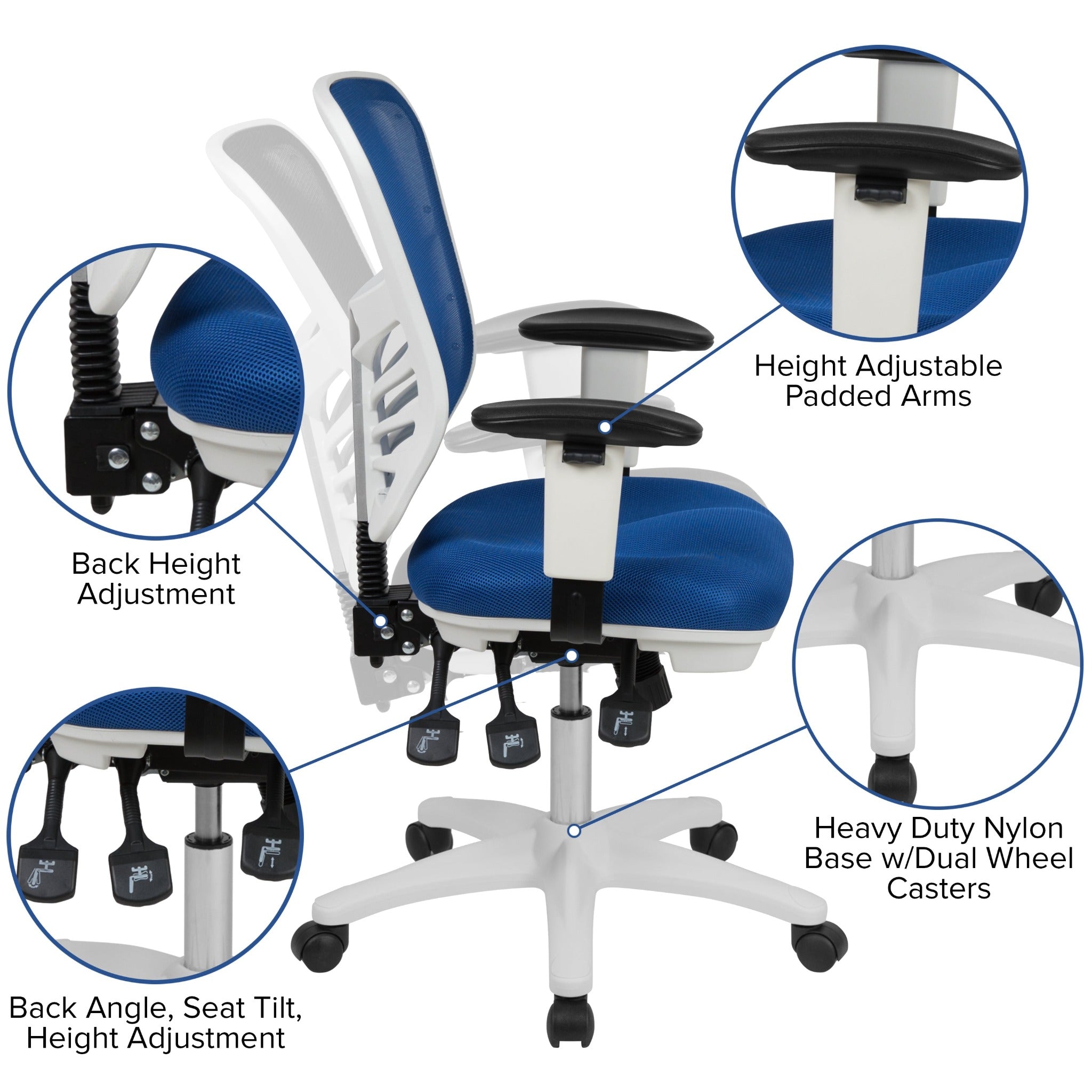 Mid-Back Blue Mesh Multifunction Executive Swivel Office Chair with White Frame