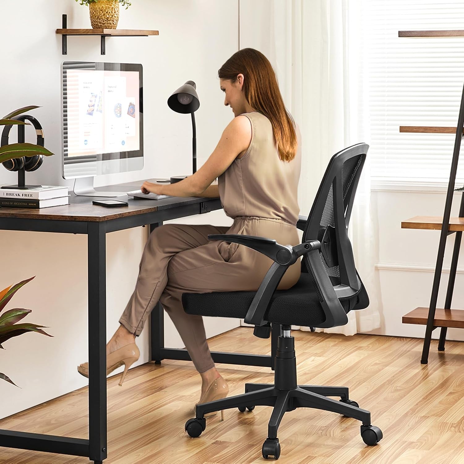 Yaheetech Mid-Back Mesh Task Office Desk Chair with Flip-Up Arms, Black | Breathable Mesh Back and Foam-Padded Seat for All-Day Comfort; Sturdy Metal Frame, Height Adjustable, and Easy to Assemble