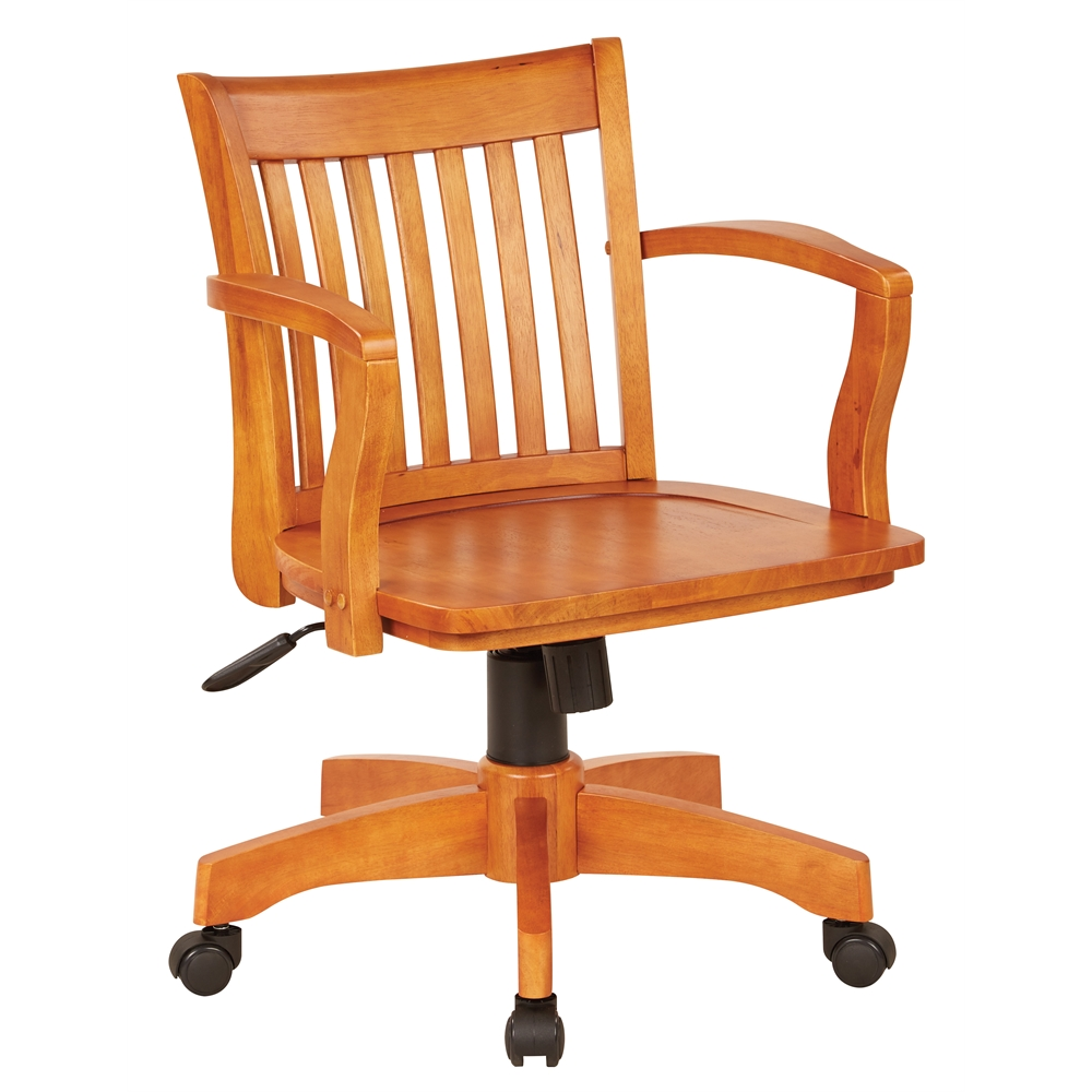 Deluxe Wood Banker's Chair in oak finish with wood seat, pneumatic height, tilt control, steel base, dual casters