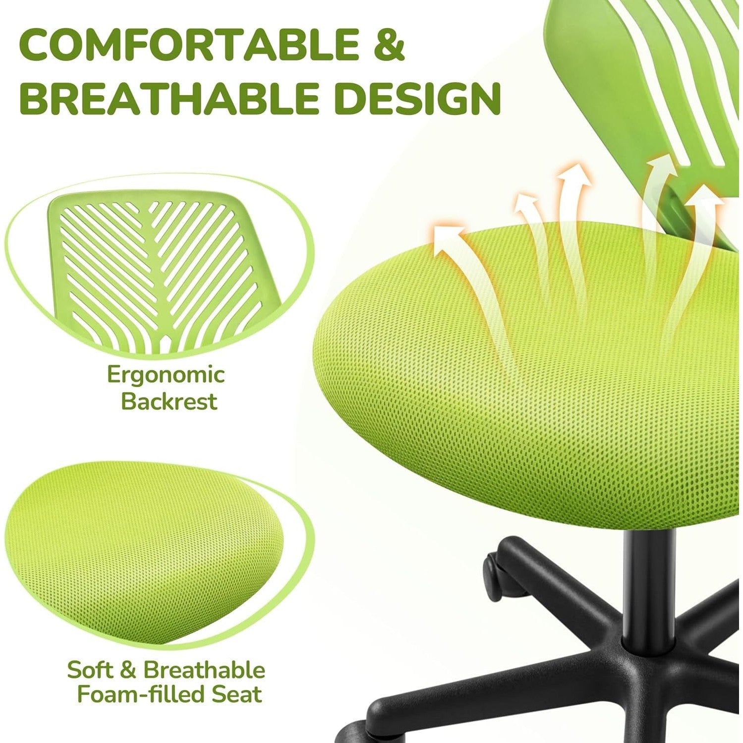 Yaheetech Small Desk Chair, Armless Adjustable Swivel Seat, Green | Padded Mesh Seat and Ventilated Resin Back, Compact Armless Frame Rolls and Adjusts for Study and Small Desks, Holds 300 Lb.