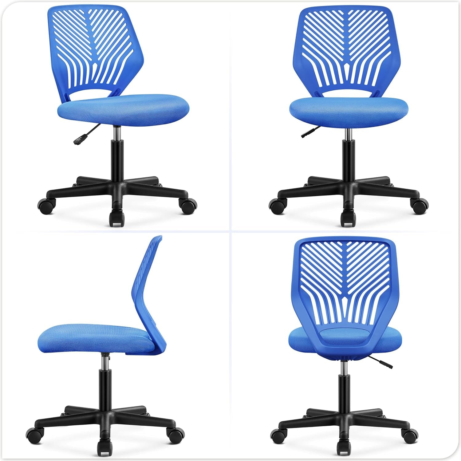 Yaheetech Small Desk Chair, Armless Adjustable Swivel Seat, Blue | Padded Mesh Seat and Ventilated Resin Back, Compact Armless Frame Rolls and Adjusts for Study and Small Desks, Holds 300 Lb.