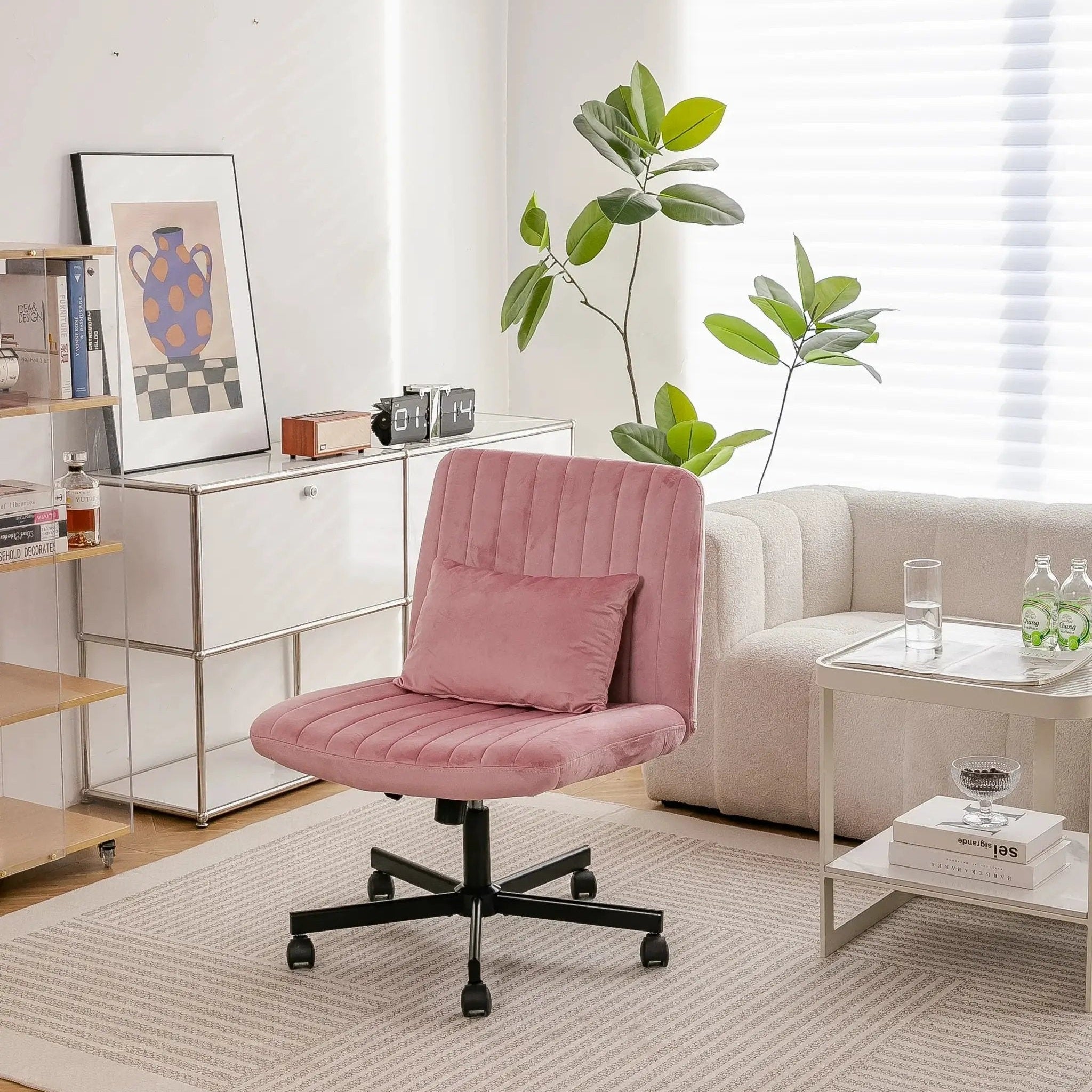Light Pink Velvet Criss Cross Armless Office Chair With Wheels Makeup by Platinum-Level Office Chairs