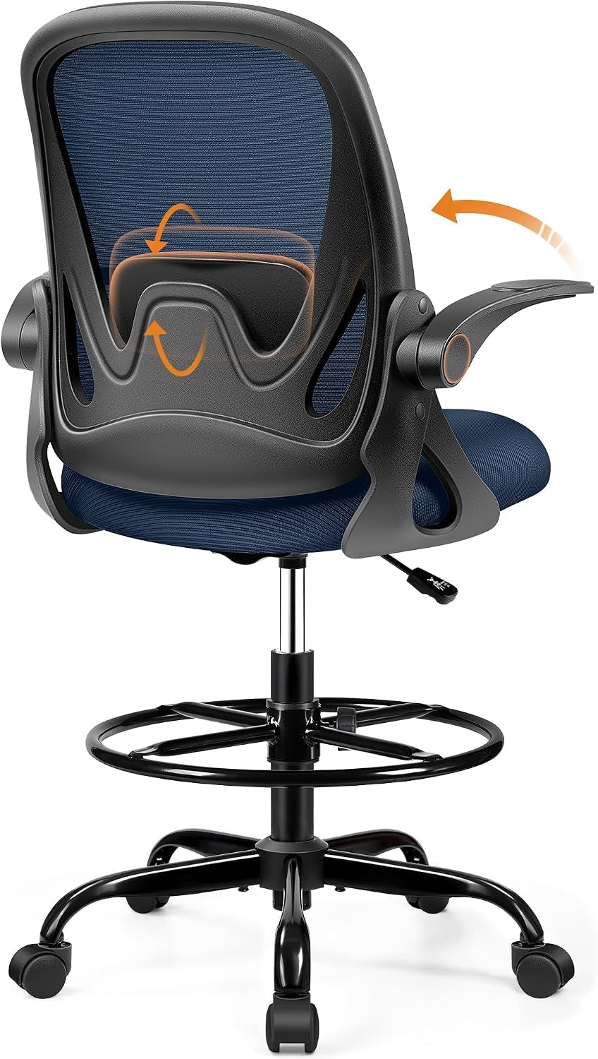 Primy Drafting Chair Tall Office Chair with Flip-Up Armrests Executive Ergonomic Computer Standing Desk Chair with Lumbar Support and Adjustable Footrest Ring（Blue）