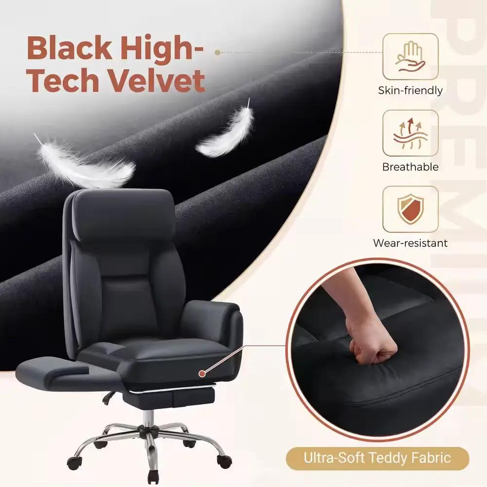 Big and Tall Velvet Footrest Office Chair in Black, Cross Legged Computer Desk Chair with Flip Adjustable Arms