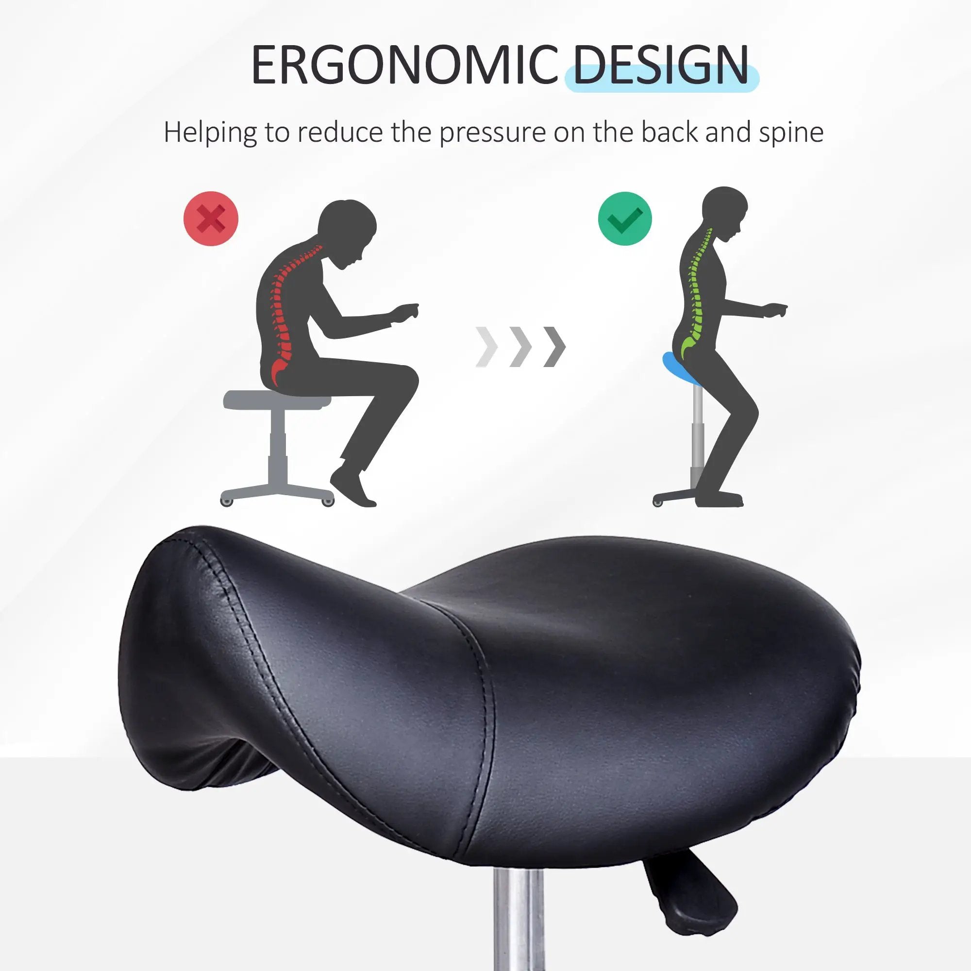 Rolling Saddle Stool, Swivel Salon Chair, Ergonomic Faux Leather Stool, Adjustable Height with Wheels for Spa, Salon, Massage, Office, Black by Platinum-Level Office Chairs
