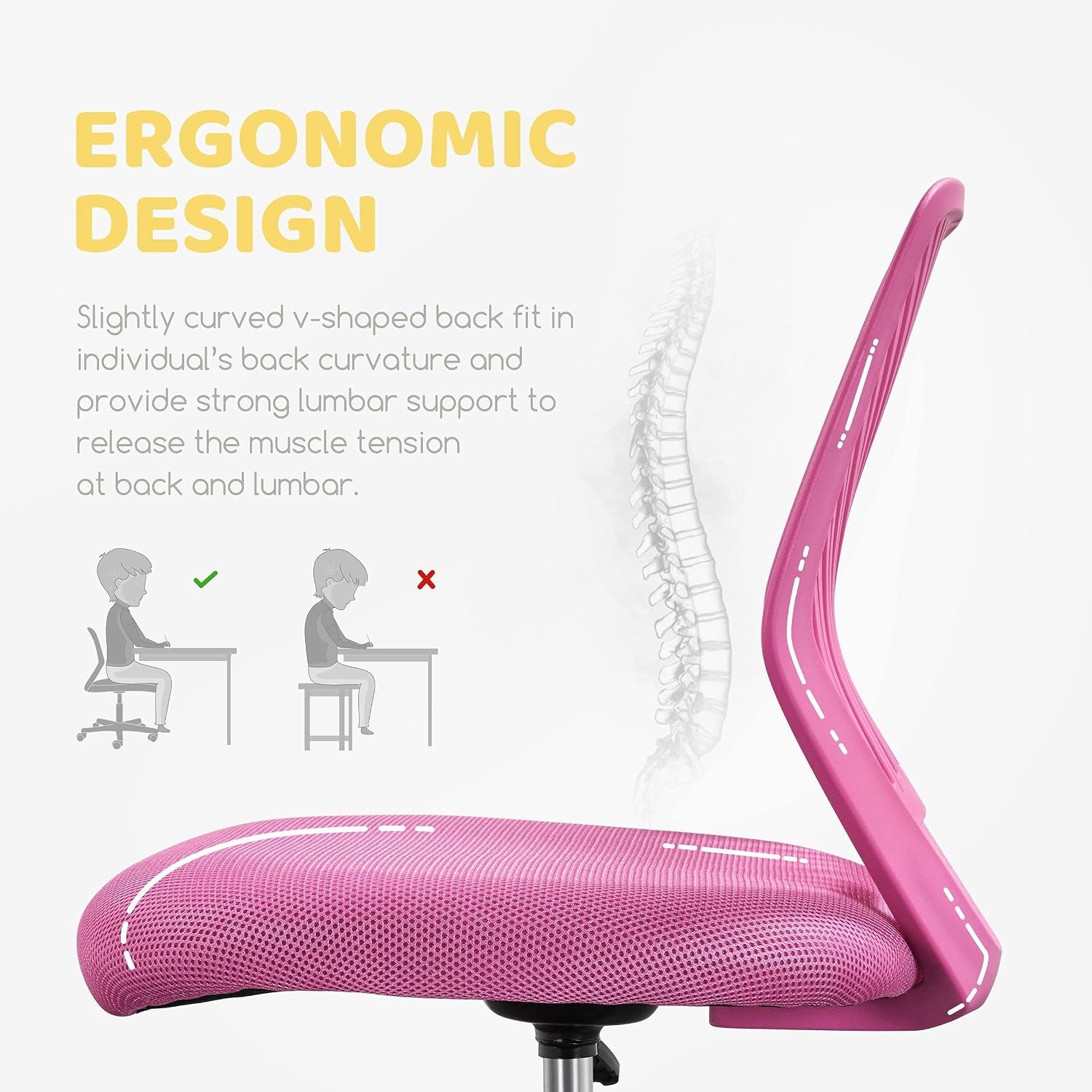 Yaheetech Small Desk Chair, Armless Adjustable Swivel Seat, Rose Red | Padded Mesh Seat and Ventilated Resin Back, Compact Armless Frame Rolls and Adjusts for Study and Small Desks, Holds 300 Lb.