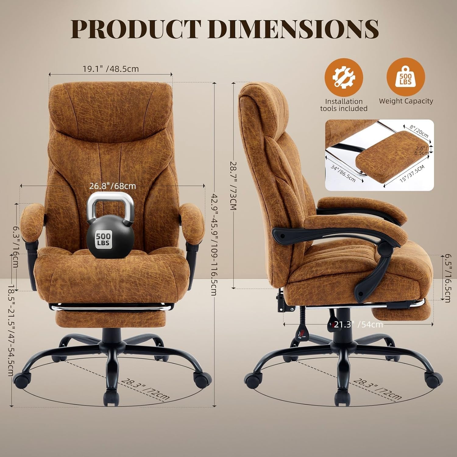 Big and Tall Office Chairs with Foot Rest,500Lbs Wide Ergonomic Gaming Chair,90-155°Recline Executive Leather Computer Chairs with Adjustable Height,Brown