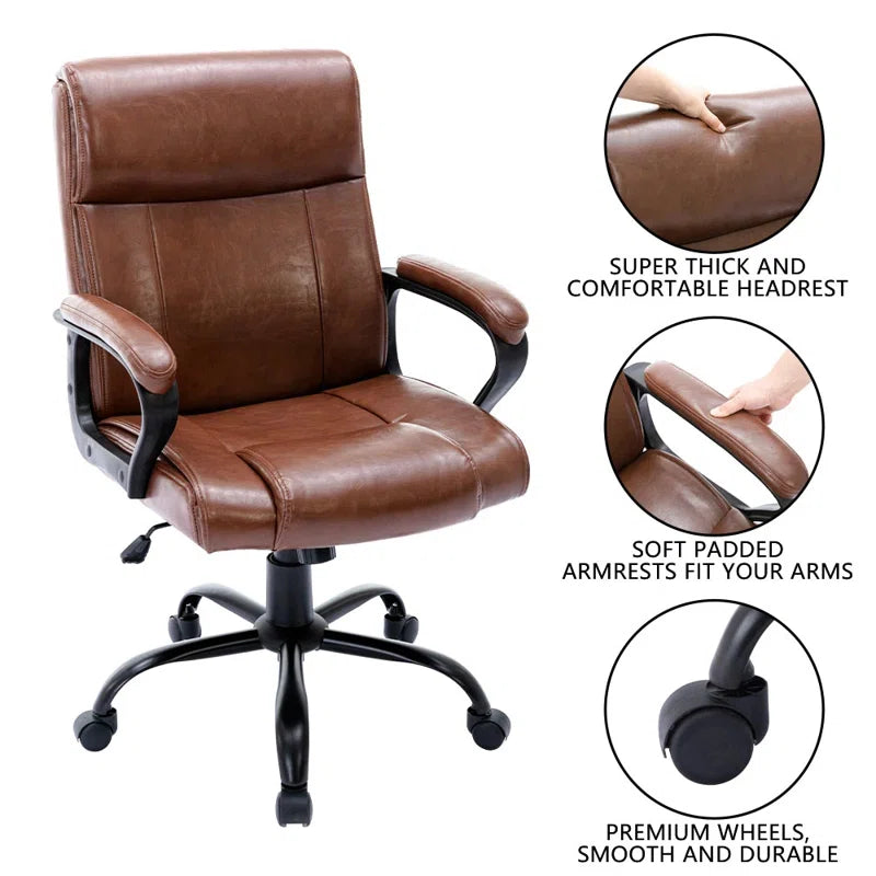 Girsham Office Chair Mid Back Desk Adjustable High Ergonomic Computer Chair Soft Armrests PU Leather with Lumbar Support