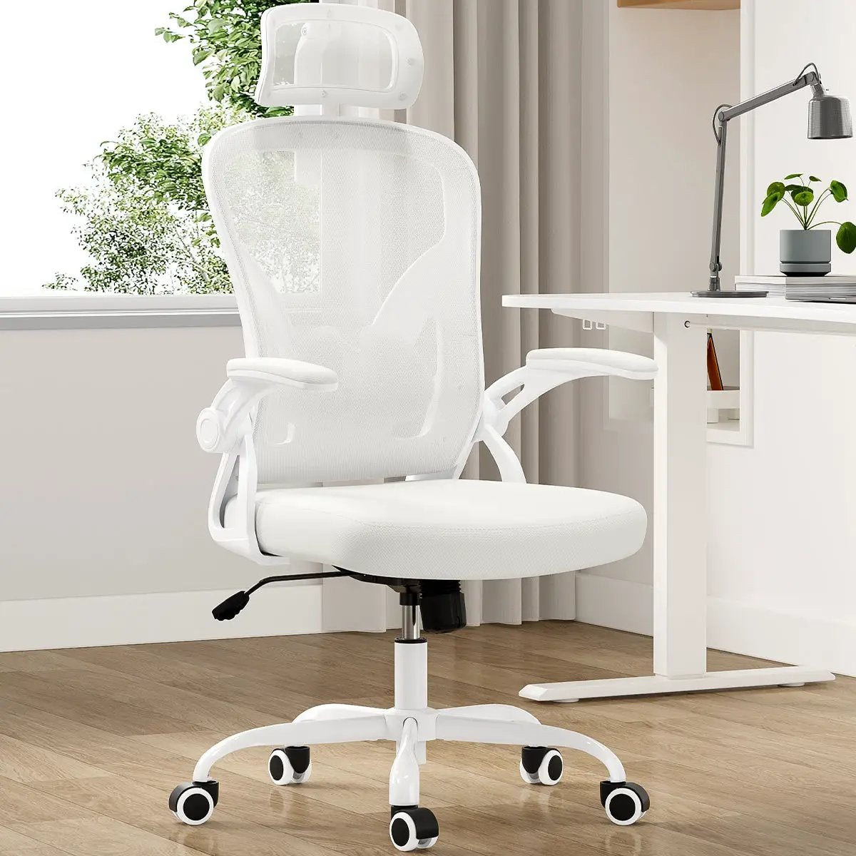 Ergonomic white office chair with headrest, high-back mesh back, and armrests on a five-wheel base.