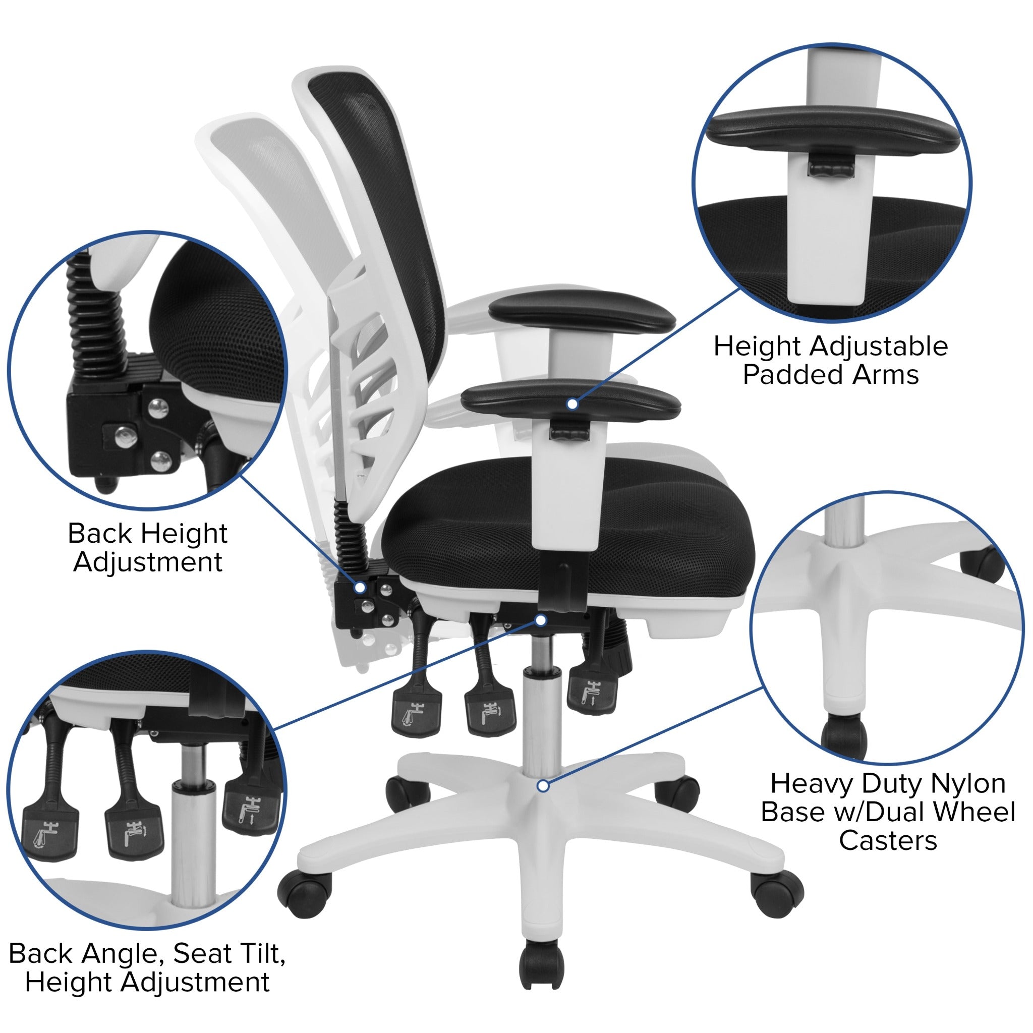 Mid-Back Black Mesh Multifunction Executive Swivel Office Chair with White Frame