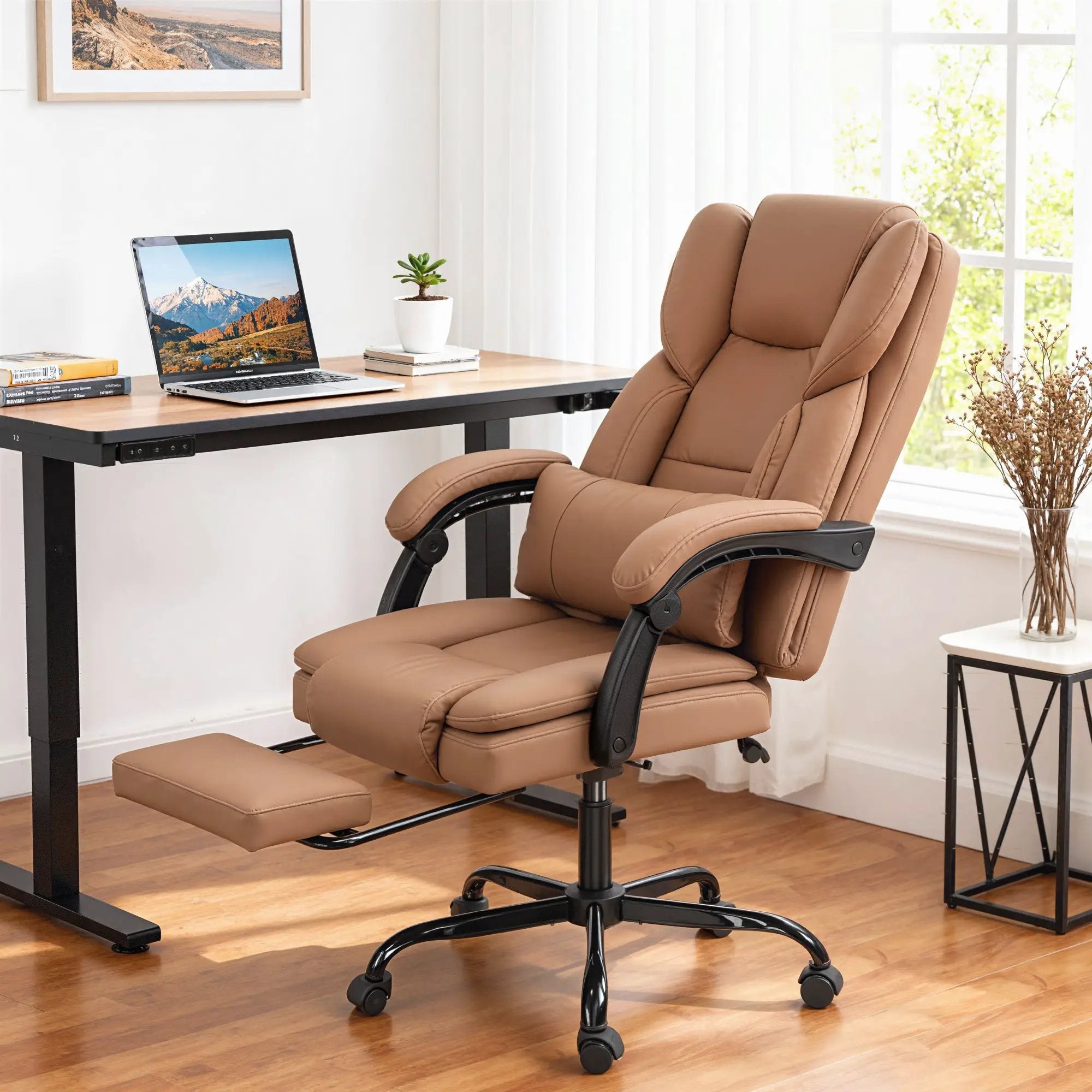 Office Chair With Massage, Pet-Friendly Faux Leather Reclining Desk Chair With Lumbar Support, Footrest, Brown by Platinum-Level Office Chairs