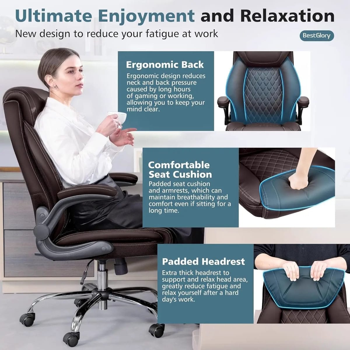Big and tall BestGlory ergonomic office chair with high back, breathable leather, lumbar support, flip-up armrests, and rocking feature.