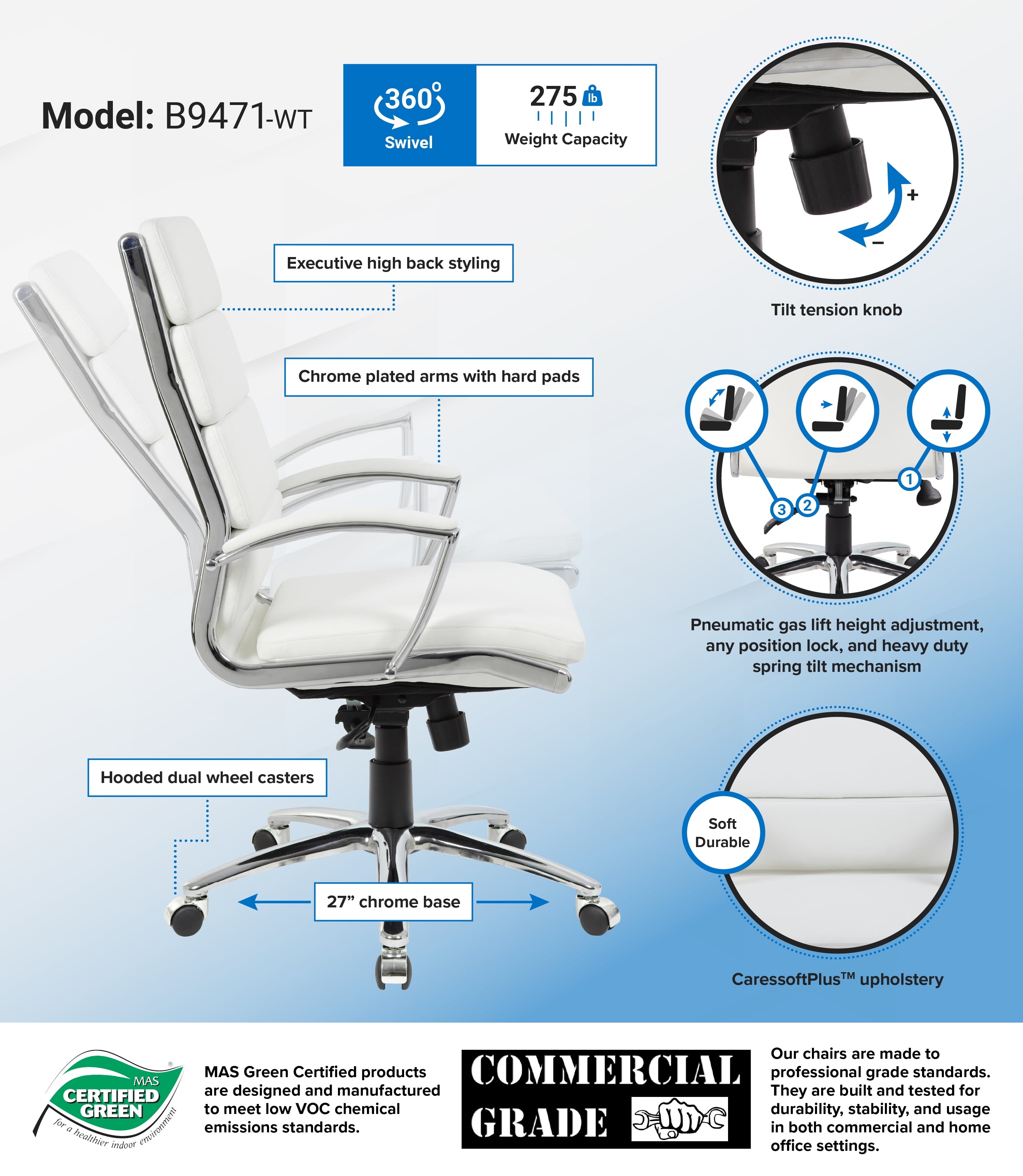 Boss Office Products Executive Caressoftplus Chair with Metal Chrome Finish