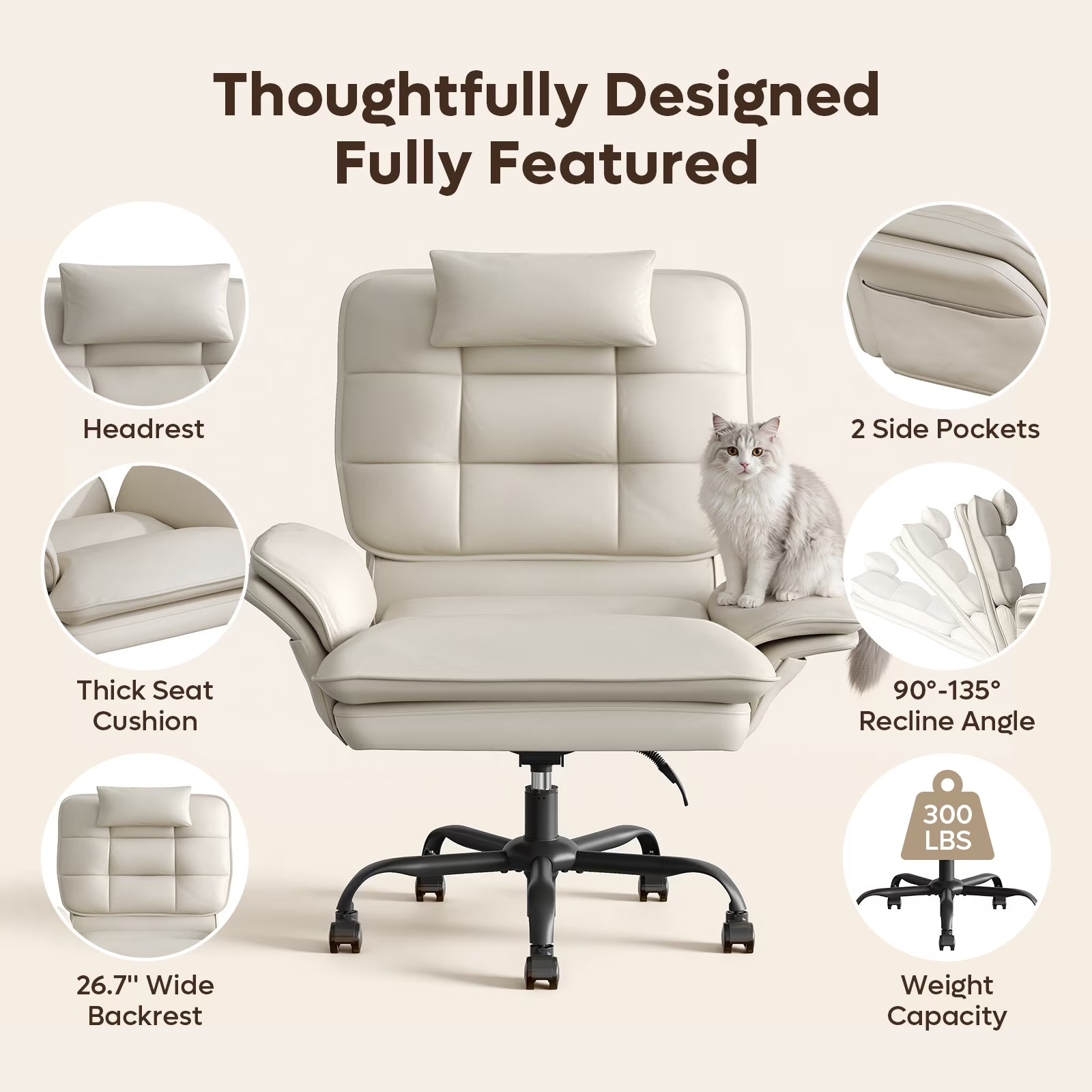 Bestier Big and Tall Ergonomic Office Chair with Flip-Up Arms, PU Leather High Back Executive Swivel Desk Chair with Side Pockets & Headrest , Height Adjustable Computer Chair for Home, Beige