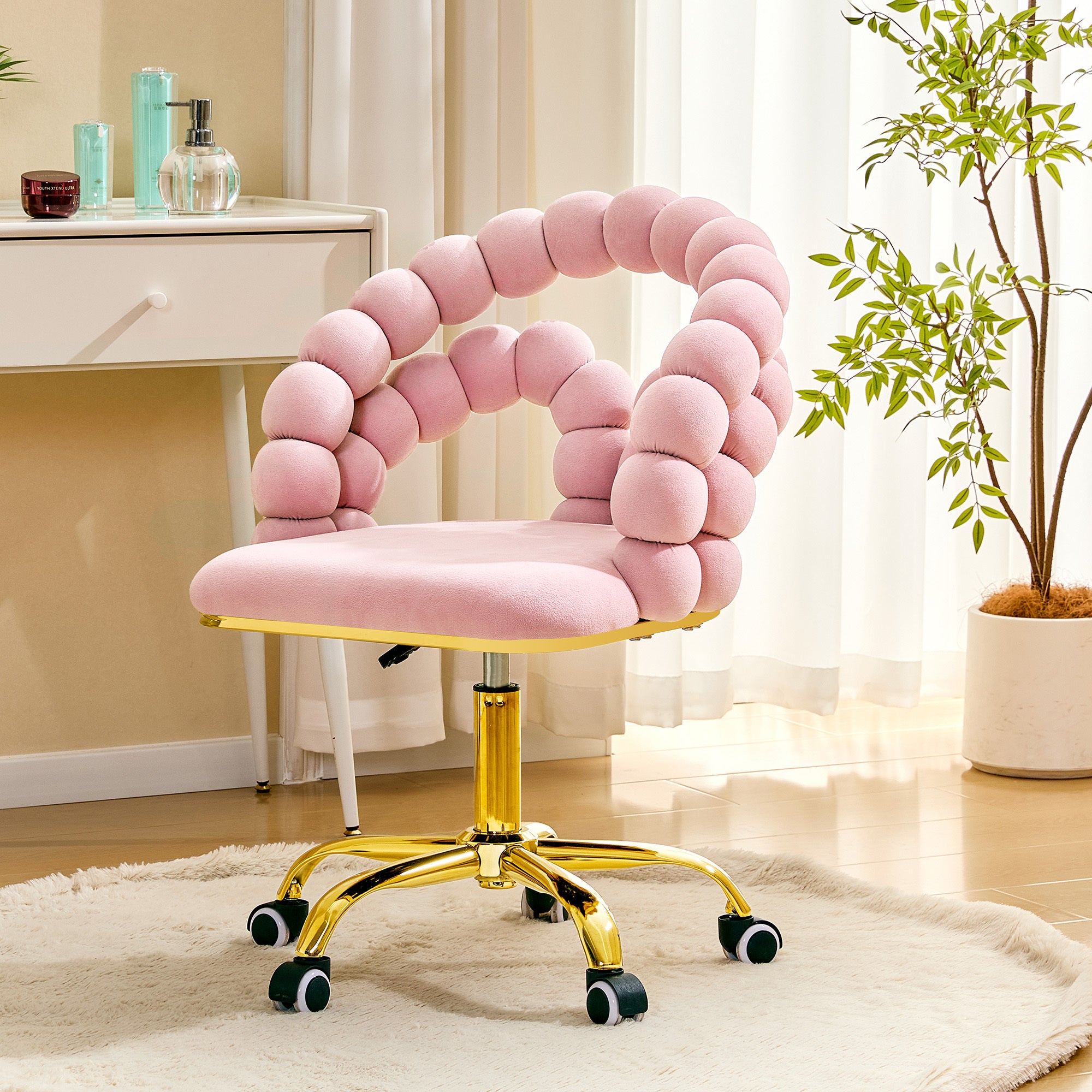 Pink Velvet Ball Chain Bubble Vanity Chair with Gold Base, 360 Degree Swivel Height Adjustable Accent Chair for Bedroom, Makeup Vanity and Home Office - Platinum-Level Office Chairs
