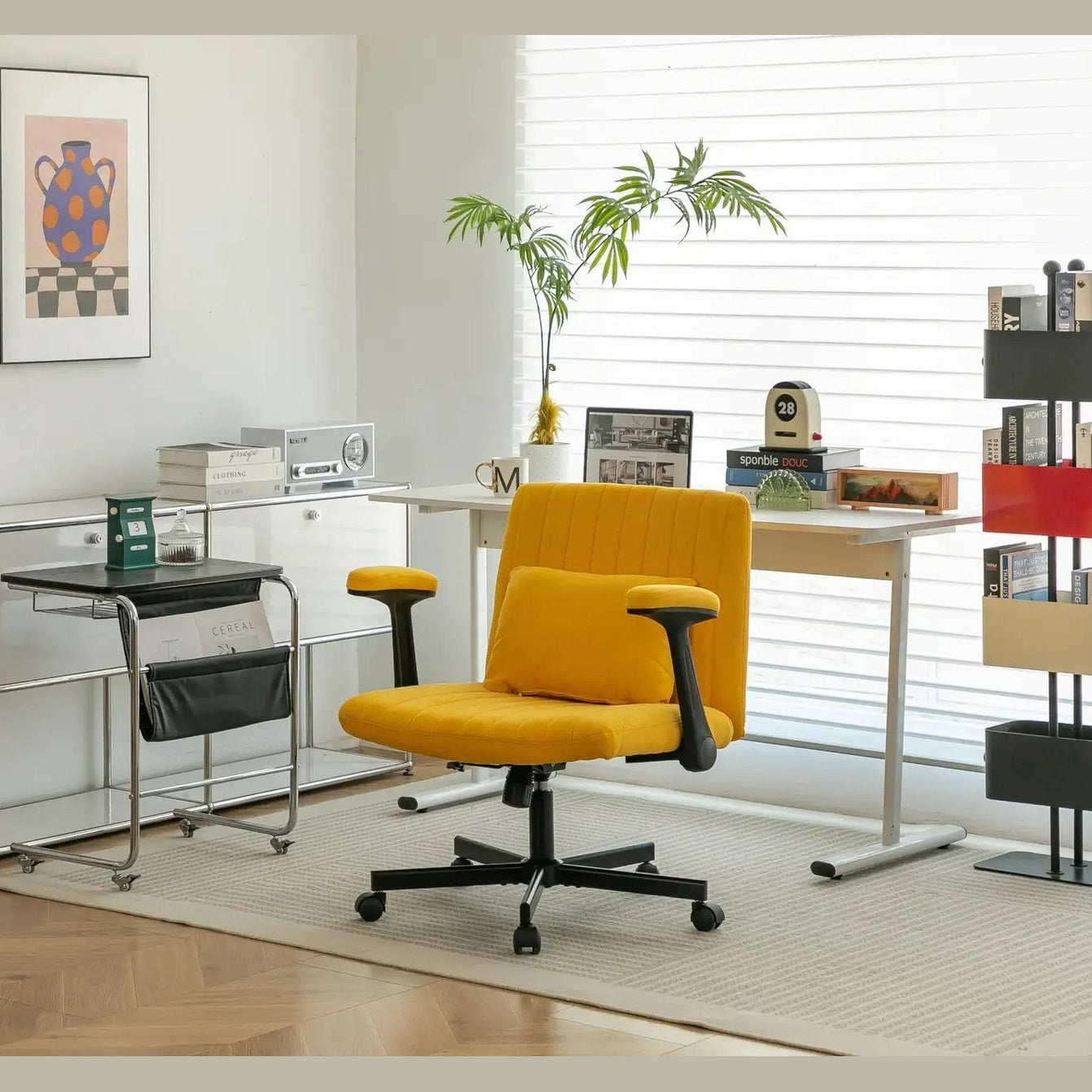 Yellow Linen Criss Cross Armrest Office Chair with Wheels - Ergonomic for Home Office, Work & Study by Platinum-Level Office Chairs