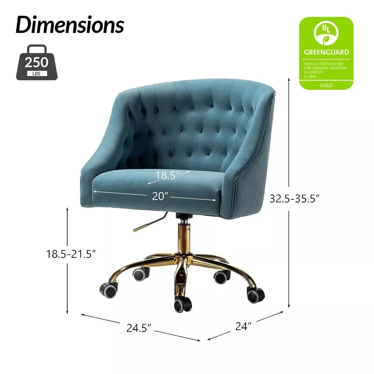 Anika Modern Velvet Height-Adjustable Swivel Task Office Chair with Button-Tufted Back and Gold Base | Karat Home