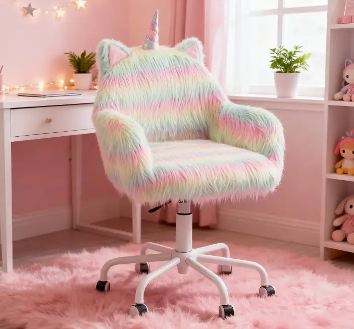 Rainbow Fuzzy Unicorn Desk Chair - Plush & Swivel Kids Office Seat