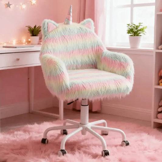 Rainbow Fuzzy Unicorn Desk Chair - Plush & Swivel Kids Office Seat - Platinum-Level Office Chairs