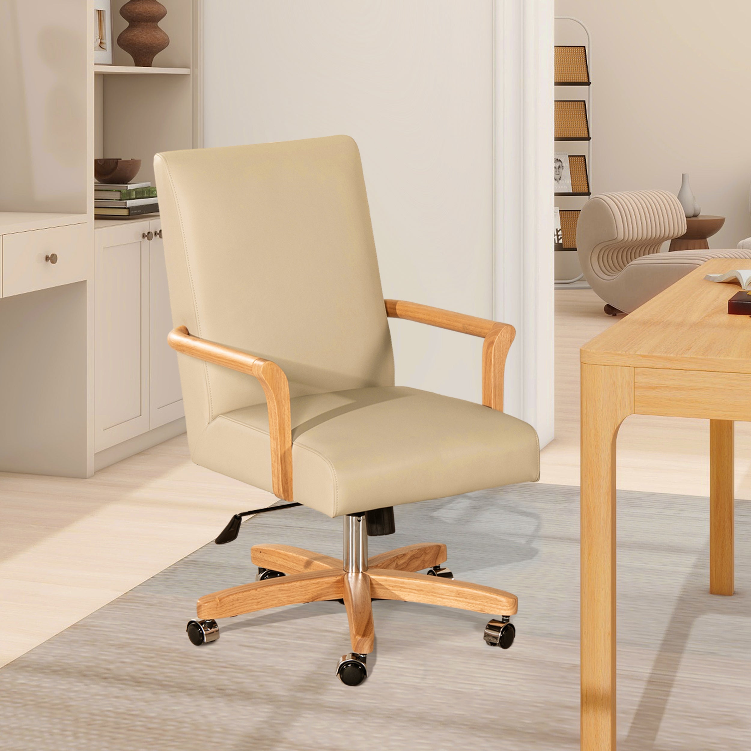 Modern Farmhouse High Back Executive Home Office Chair Cream Beige Genuine Leather with Natural Wood Frame and Lumbar Support