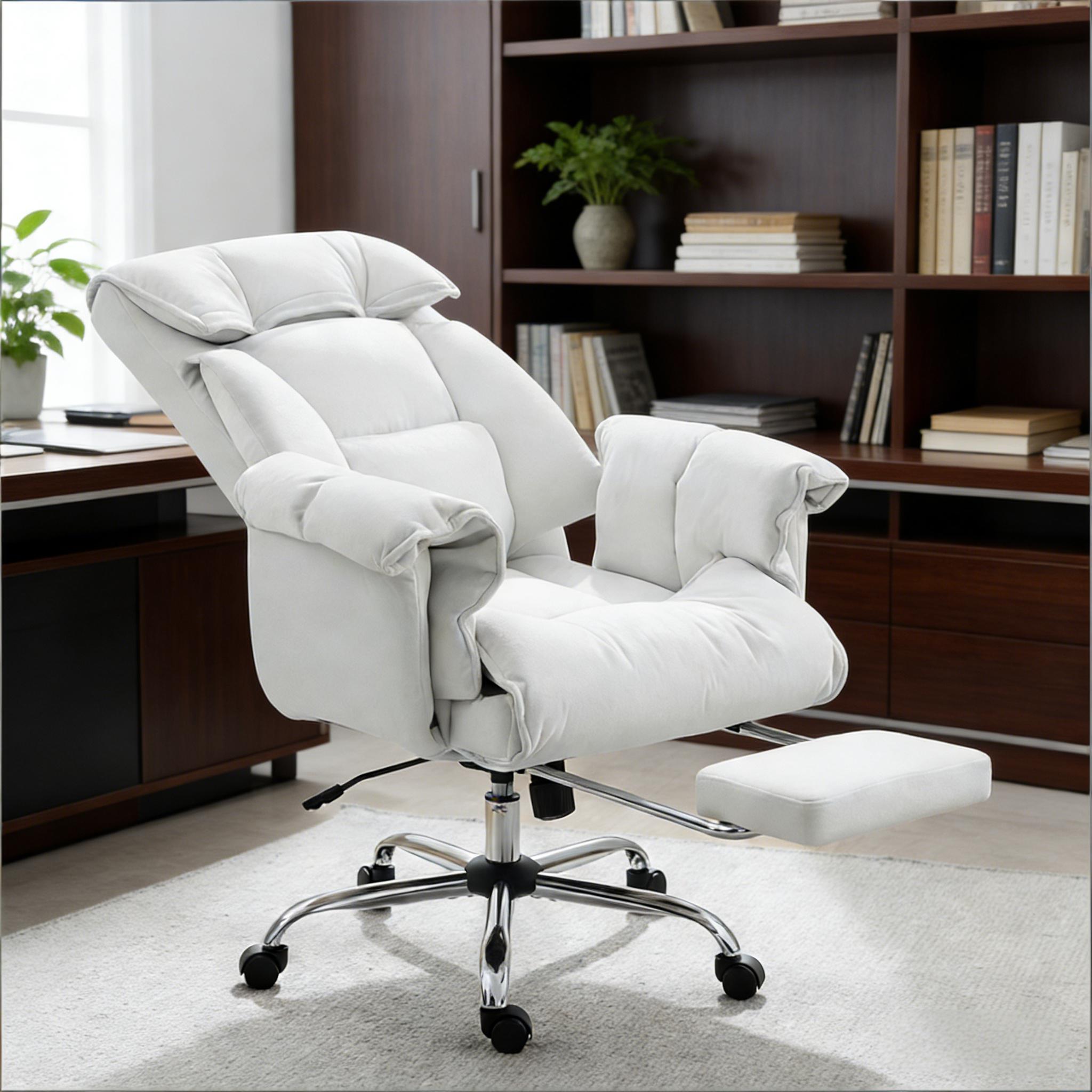 Snow Cream Flannel Reclining Lounge Chair, Pull Out Footrest
