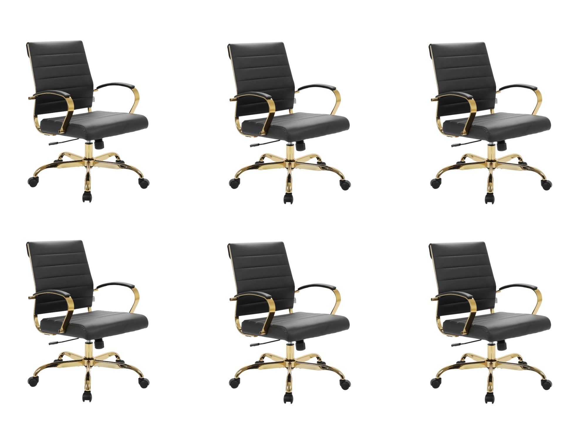 Benmar black leather ergonomic office chairs, gold frame, set of 6