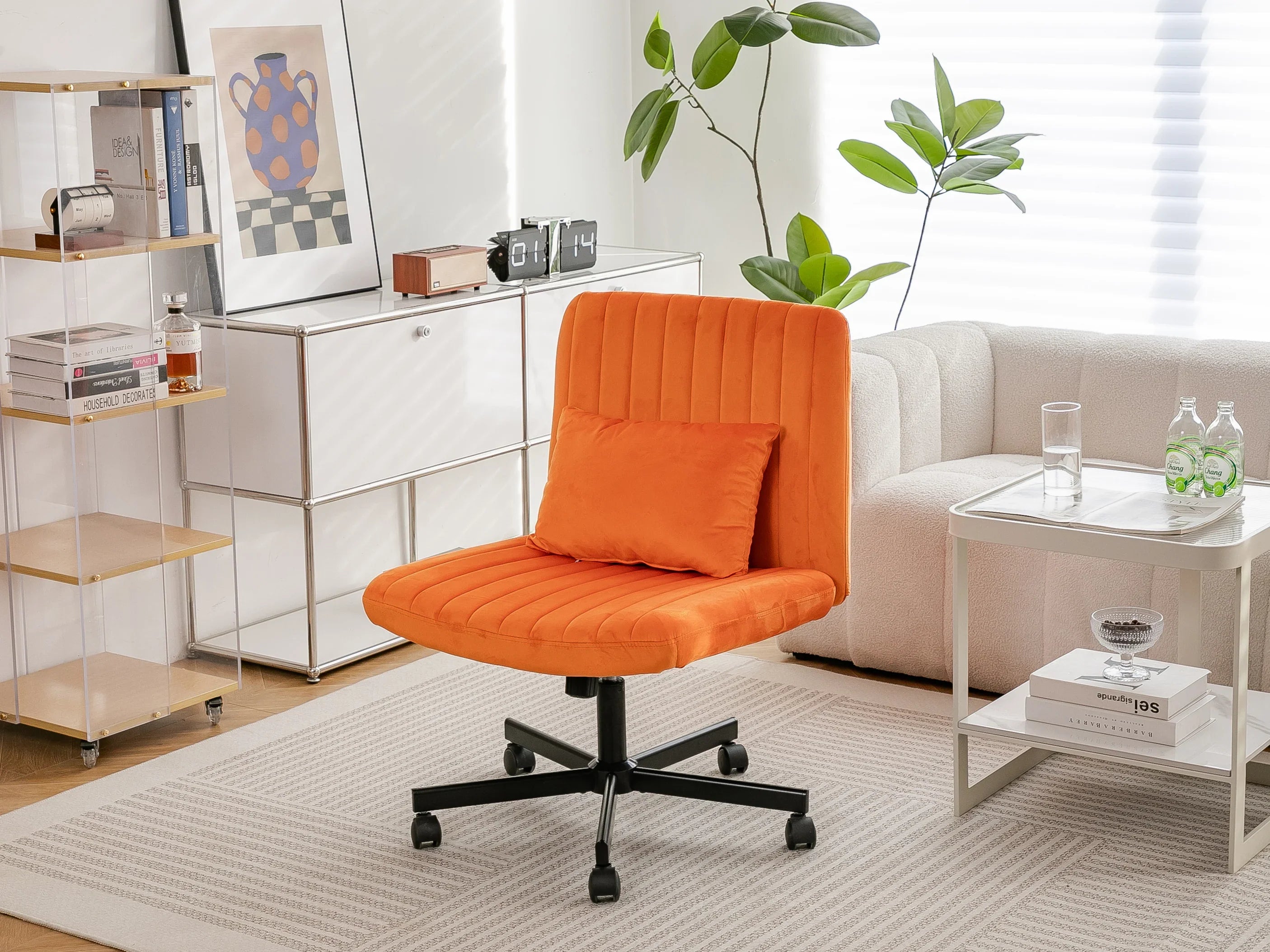 Orange Velvet Criss Cross Armless Office Chair With Wheels