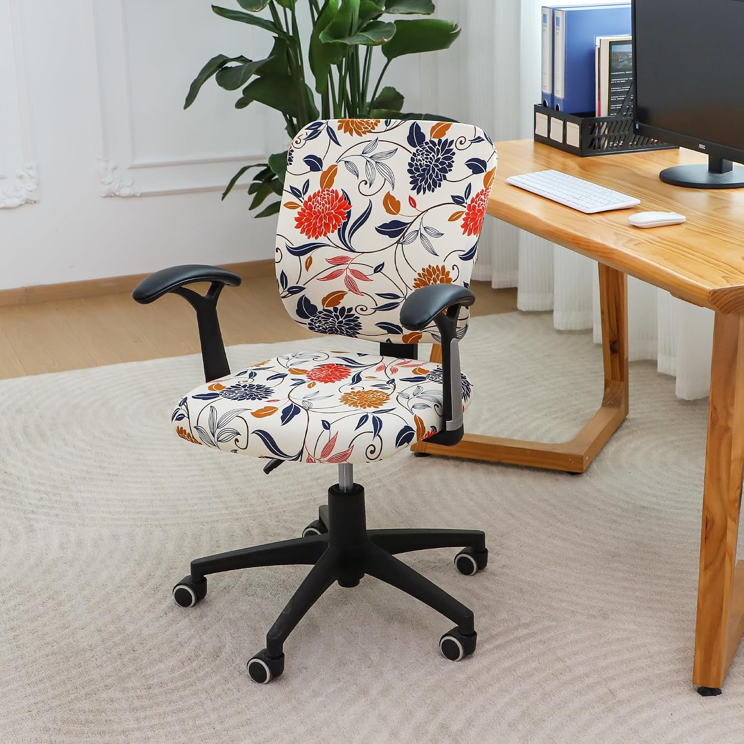 FORCHEER Floral Split Office Chair Covers Two Pieces Stretch Separated Desk Chair Slipcover Washable -Spring Floral