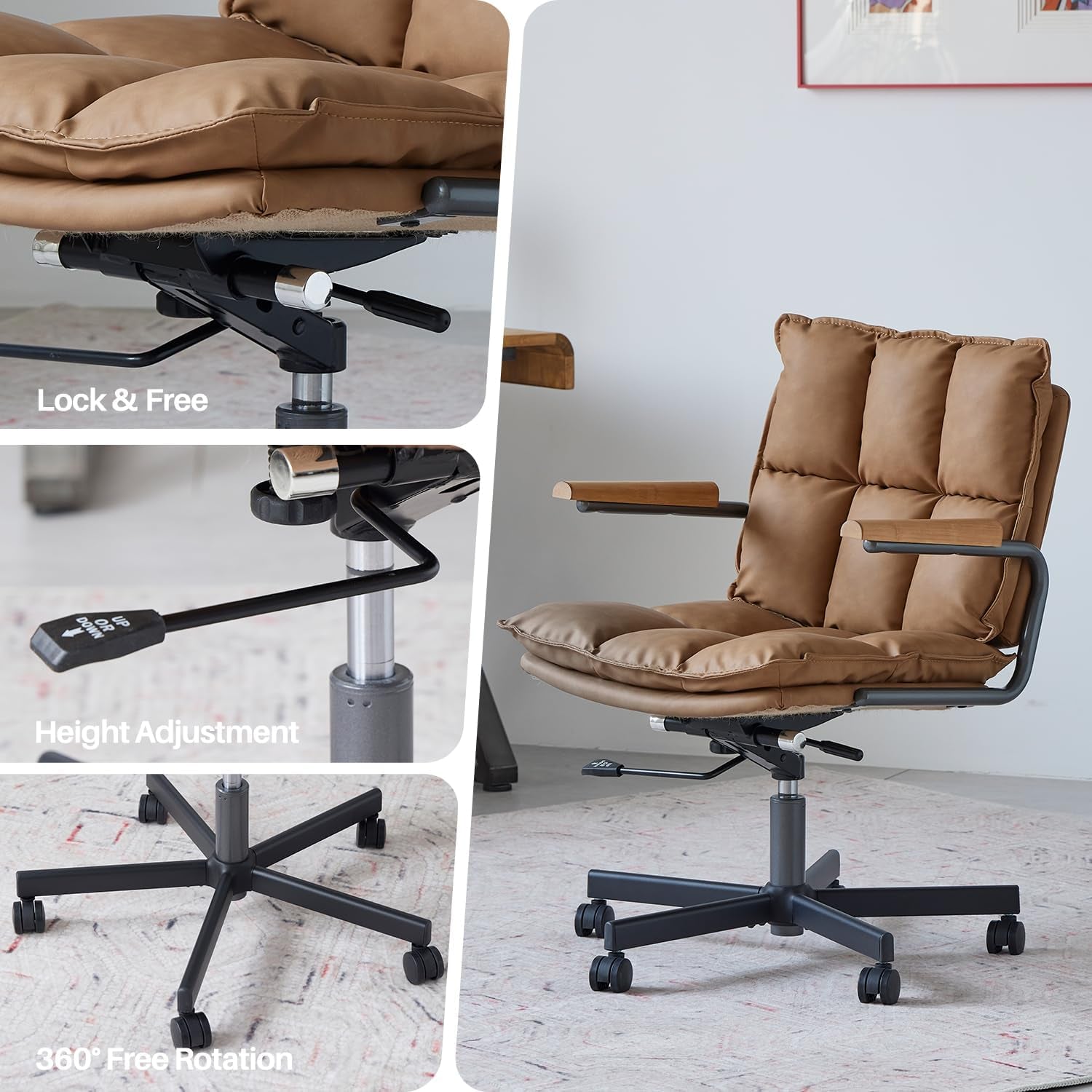Home Office Desk Chair, Leather Ergonomic Computer Chair with Wheels, Adjustable Height Rolling Swivel Executive Chair, Camel Brown