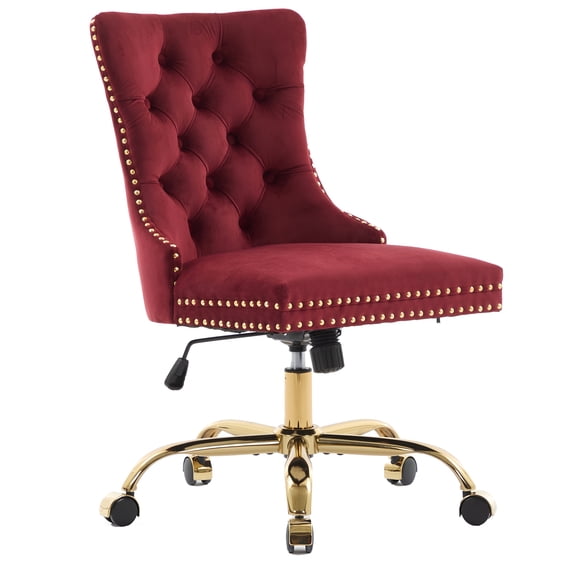 Wine Red Velvet Tufted Office Chair, A&A Furniture Classic Swivel Bedroom Chair with Golden Metal Base and Nailhead Trim - Platinum-Level Office Chairs