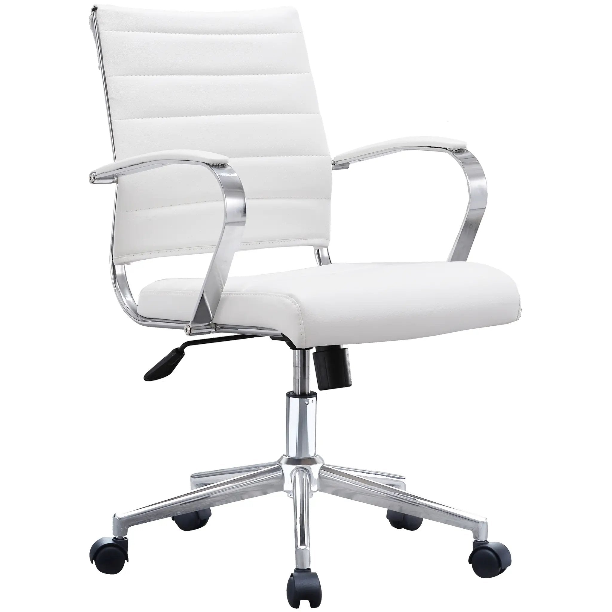 Black Office Chairs Mid Back Ribbed PU Leather Executive Task Work Conference with Arms Wheels Tilt Swivel Rolling