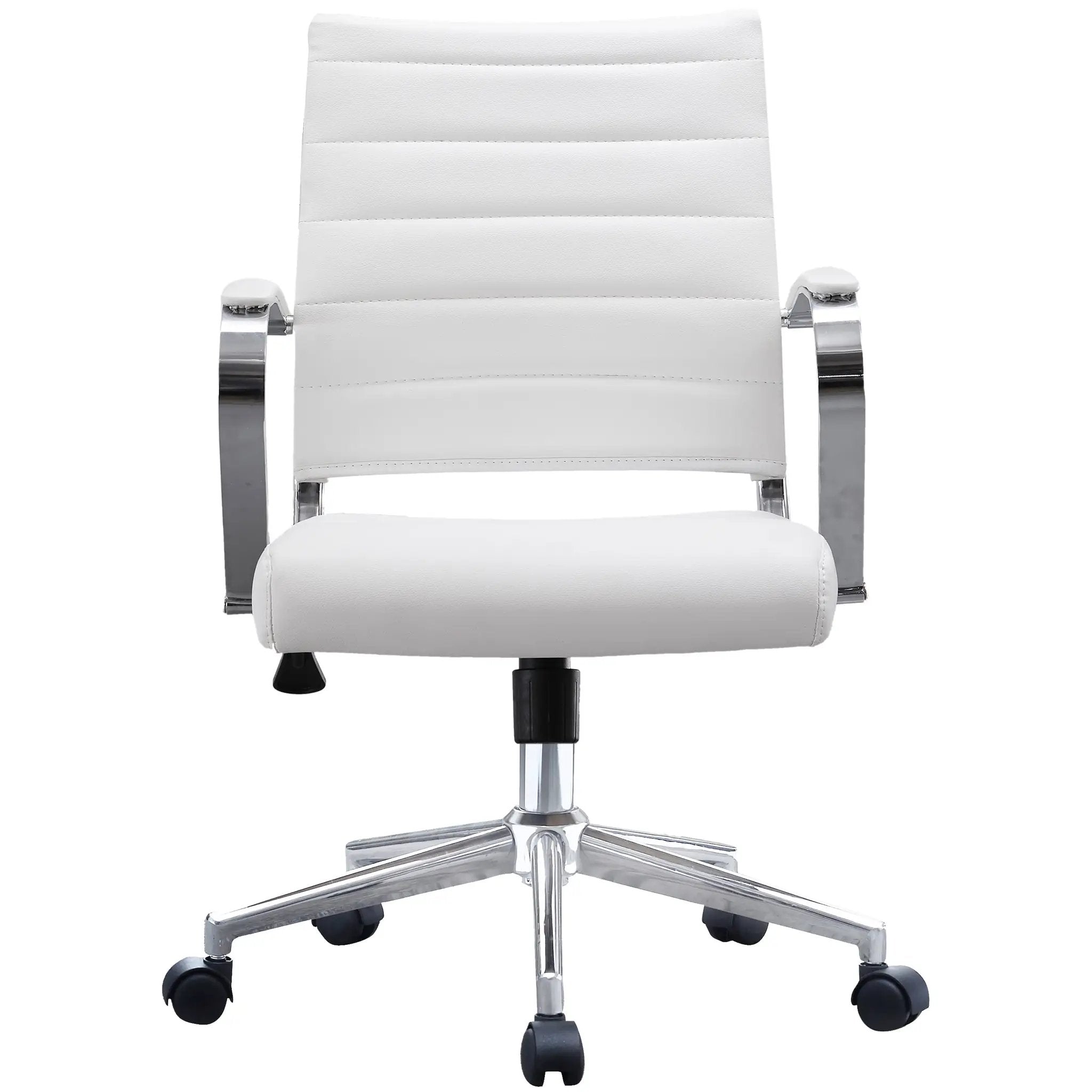 Black Office Chairs Mid Back Ribbed PU Leather Executive Task Work Conference with Arms Wheels Tilt Swivel Rolling