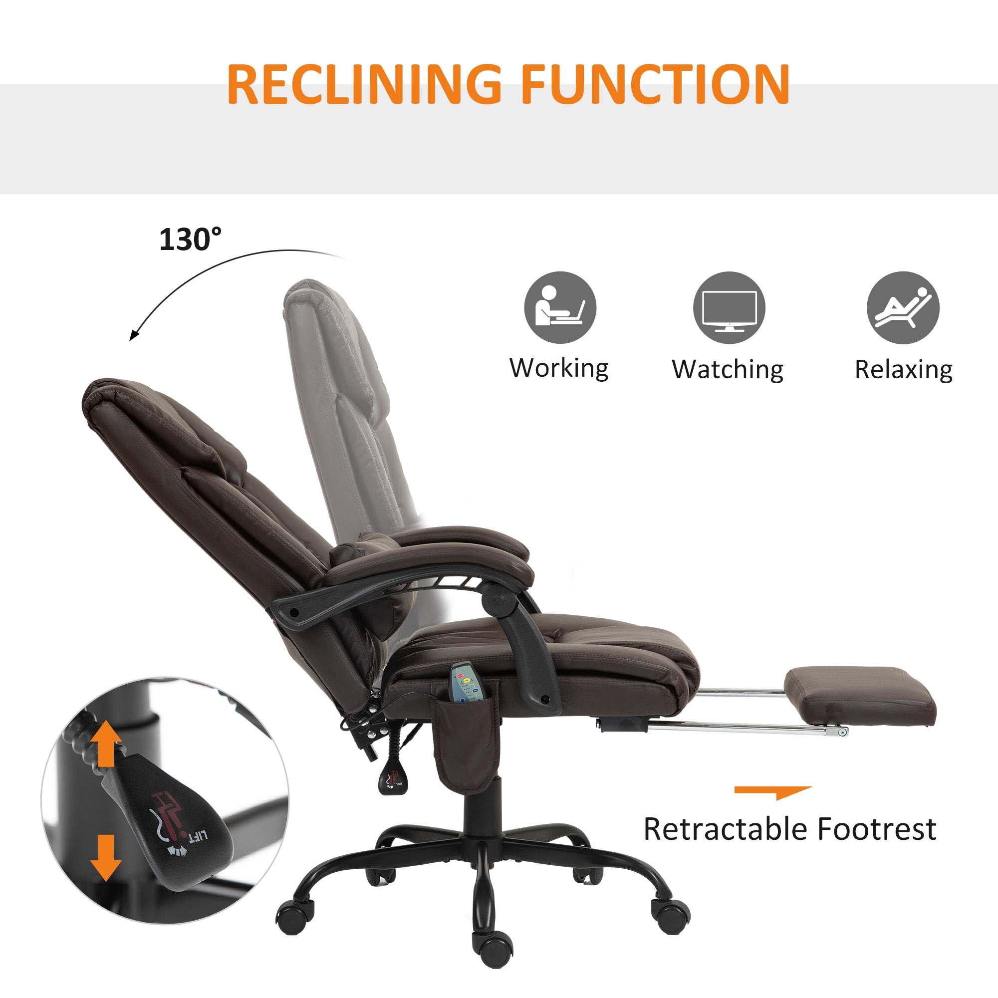 Office chair reclining to 130 degrees with retractable footrest