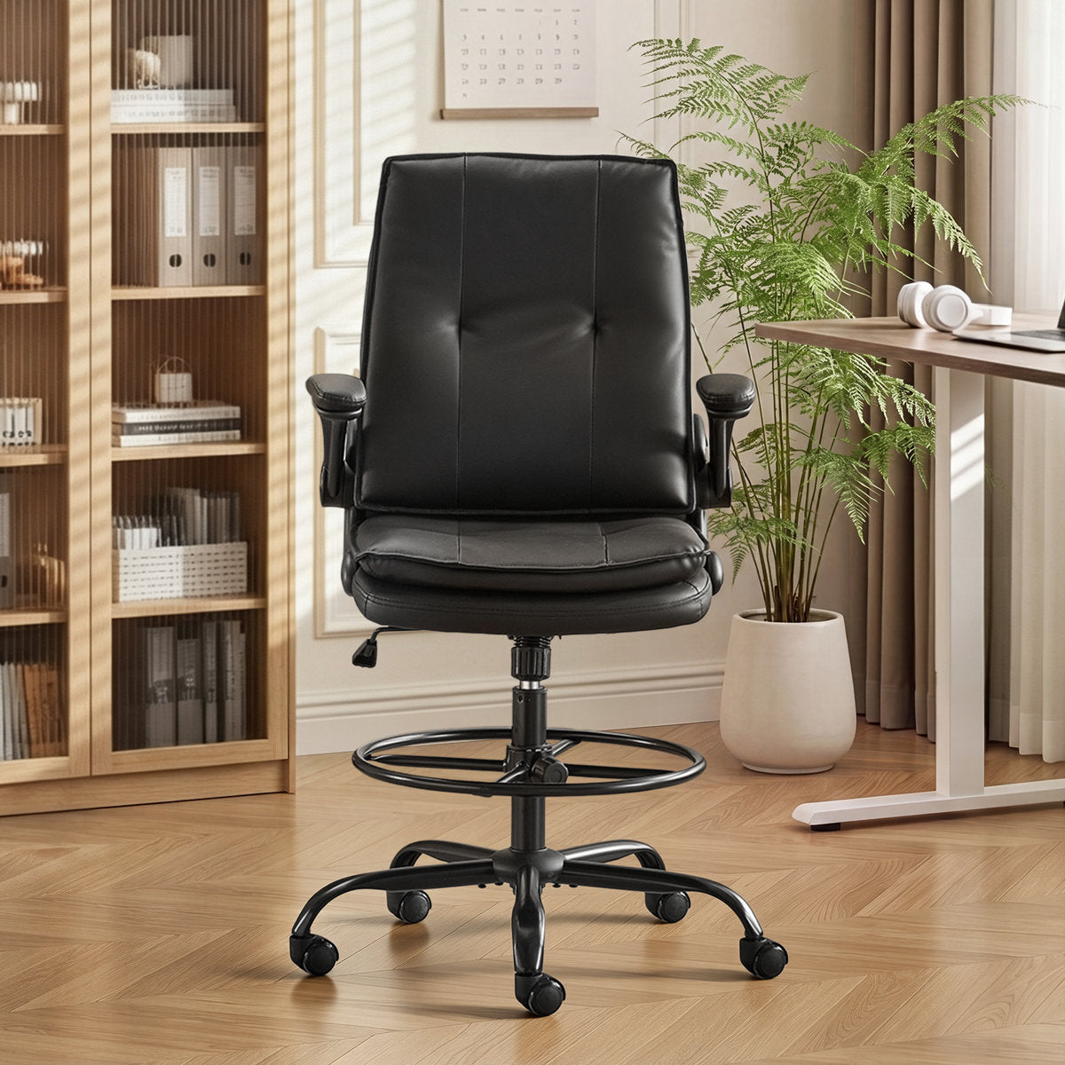 Ergonomic Faux Leather Drafting Chair with Adjustable Footrest, Integrated Arms and 330 lbs Capacity