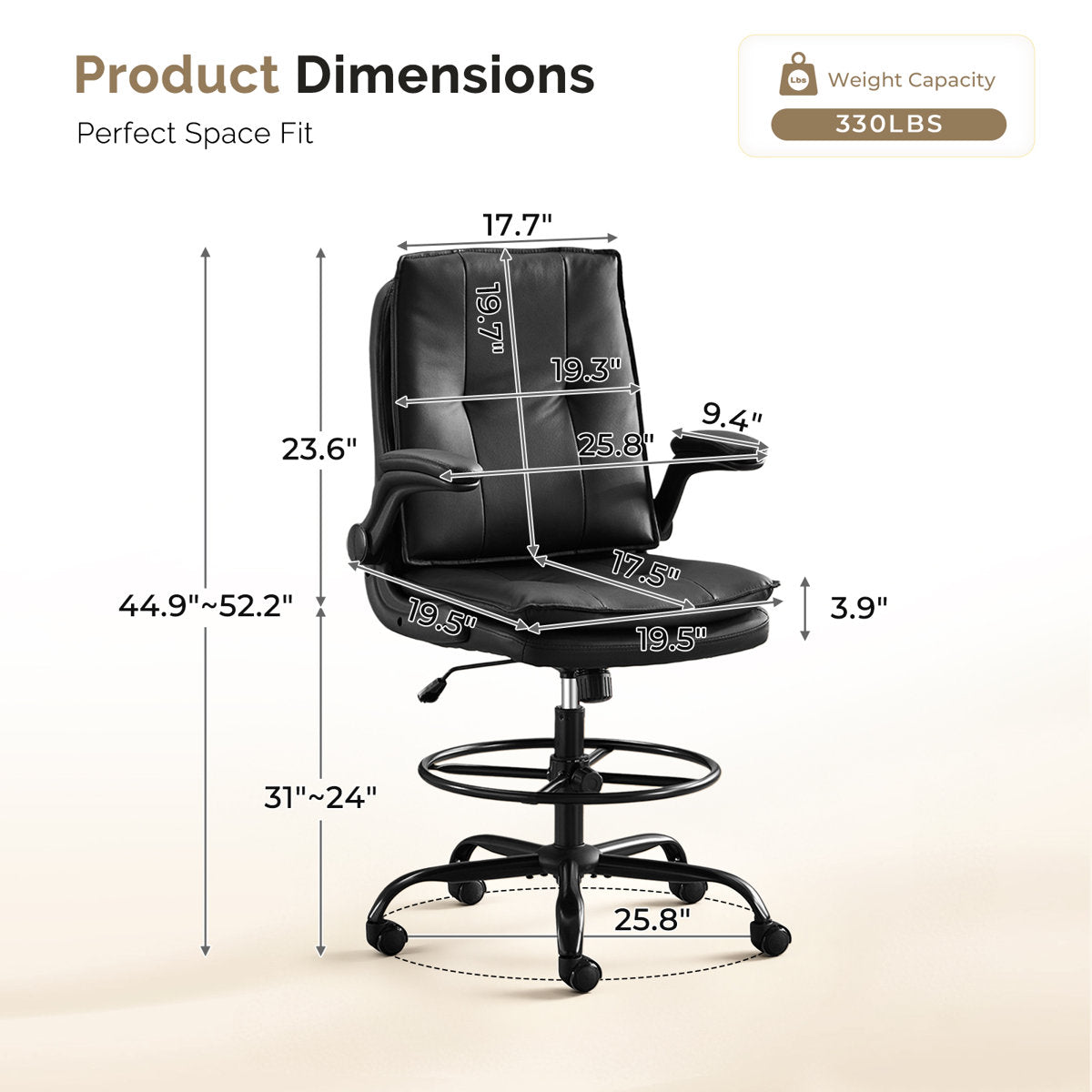 Ergonomic Faux Leather Drafting Chair with Adjustable Footrest, Integrated Arms and 330 lbs Capacity