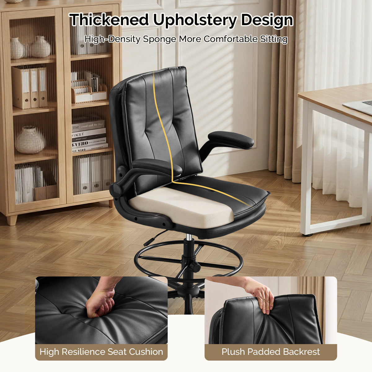 Ergonomic Faux Leather Drafting Chair with Adjustable Footrest, Integrated Arms and 330 lbs Capacity