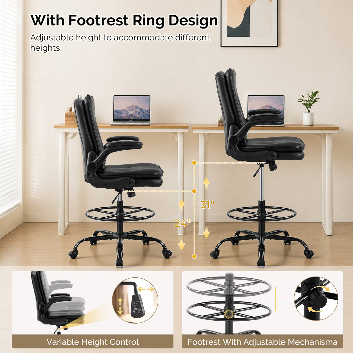 Ergonomic Faux Leather Drafting Chair with Adjustable Footrest, Integrated Arms and 330 lbs Capacity