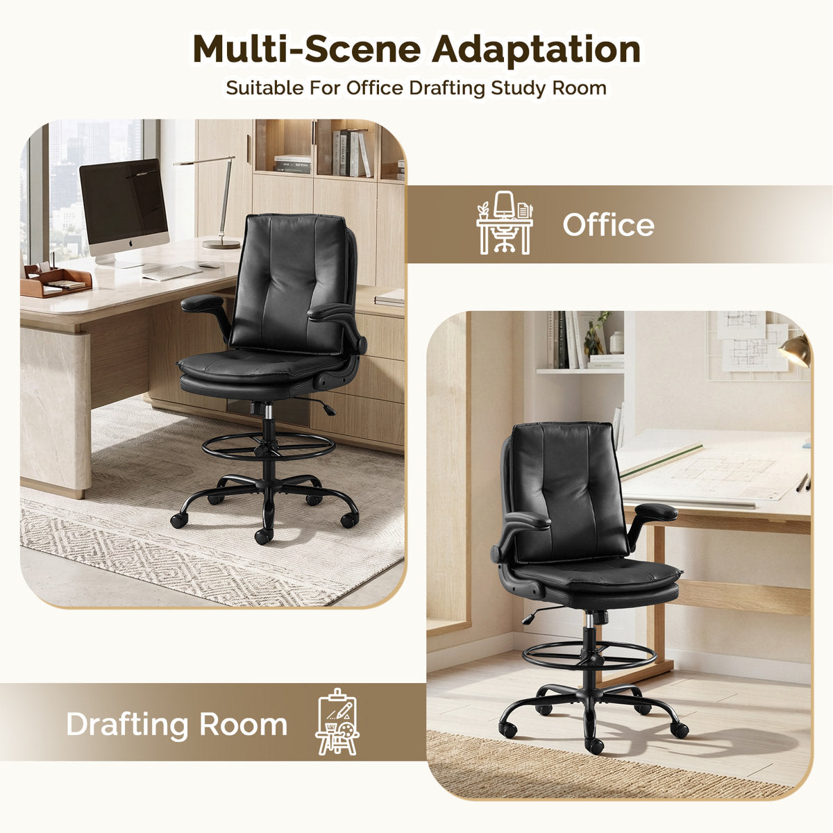 Ergonomic Faux Leather Drafting Chair with Adjustable Footrest, Integrated Arms and 330 lbs Capacity