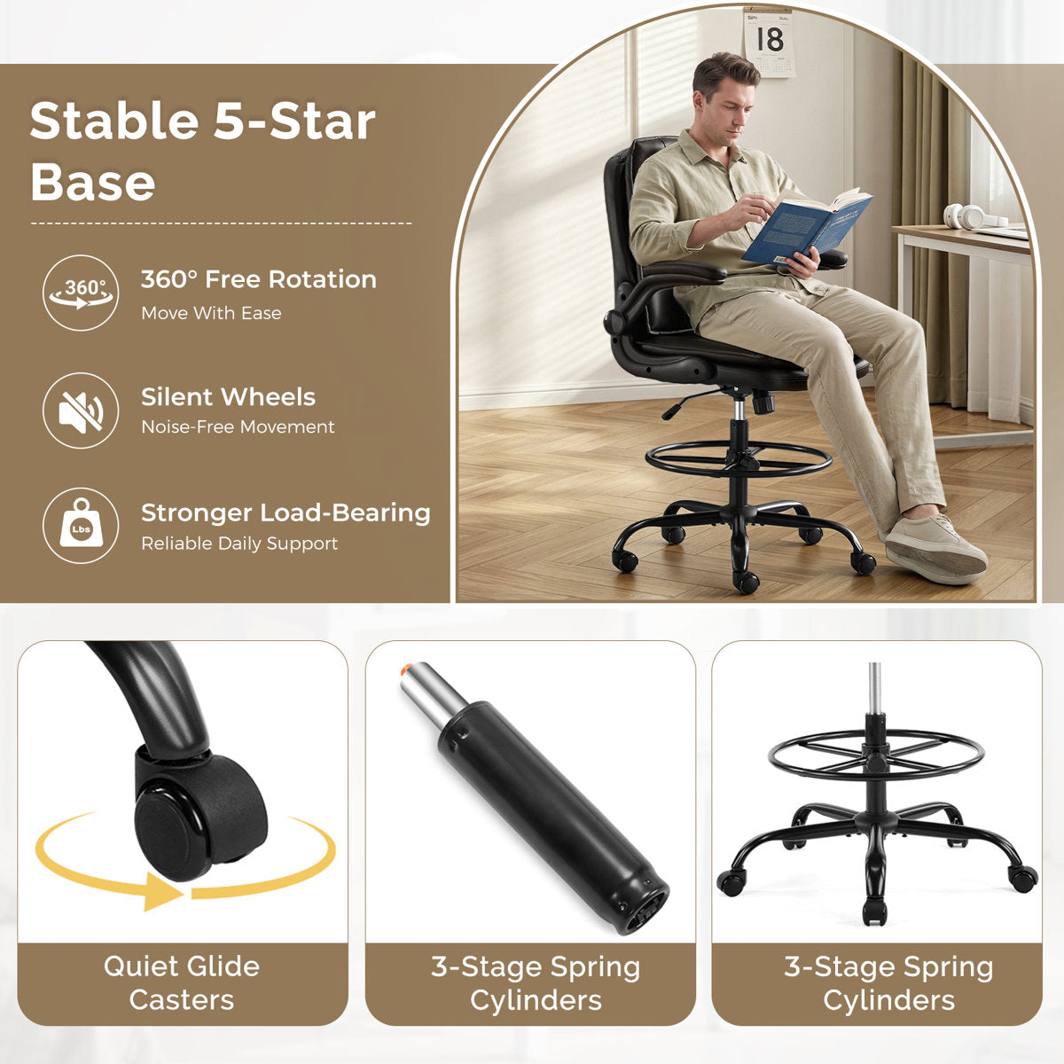 Ergonomic Faux Leather Drafting Chair with Adjustable Footrest, Integrated Arms and 330 lbs Capacity