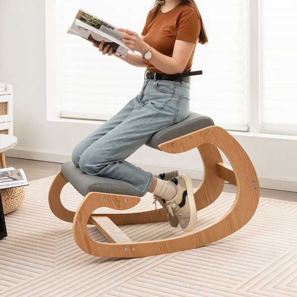 Gray Wooden Kneeling Chair, Ergonomic Posture Chair, Rocking Base