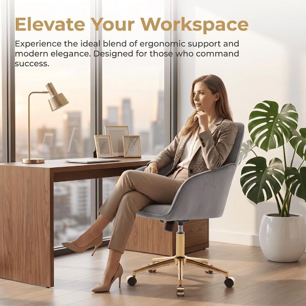 Gray Velvet Office Chair, Ergonomic Adjustable Swivel Desk Chair with Gold Base for Home Study and Long Sitting Comfort - Platinum-Level Office Chairs