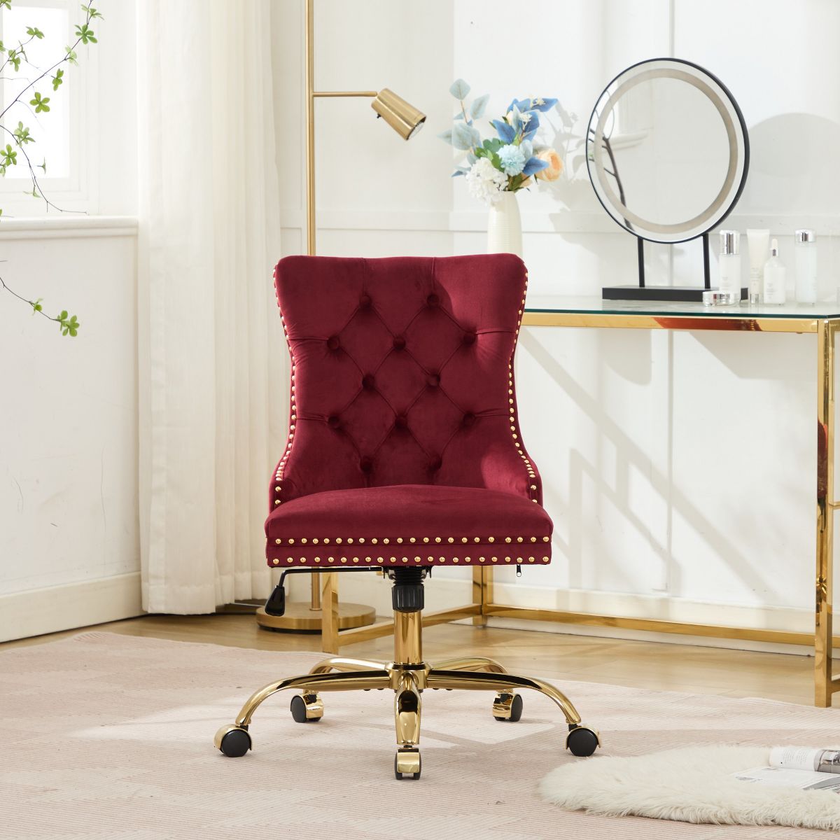 Wine Red Velvet Tufted Office Chair, A&A Furniture Classic Swivel Bedroom Chair with Golden Metal Base and Nailhead Trim - Platinum-Level Office Chairs