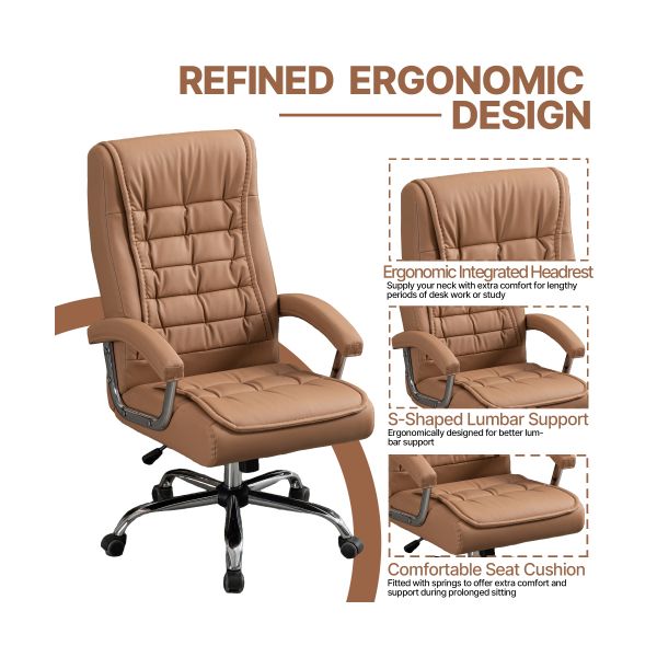 High Back Camel PU Leather Executive Office Chair Ergonomic Swivel Desk Chair Spring Cushion Chrome Armrests 350 lb Capacity - Platinum-Level Office Chairs